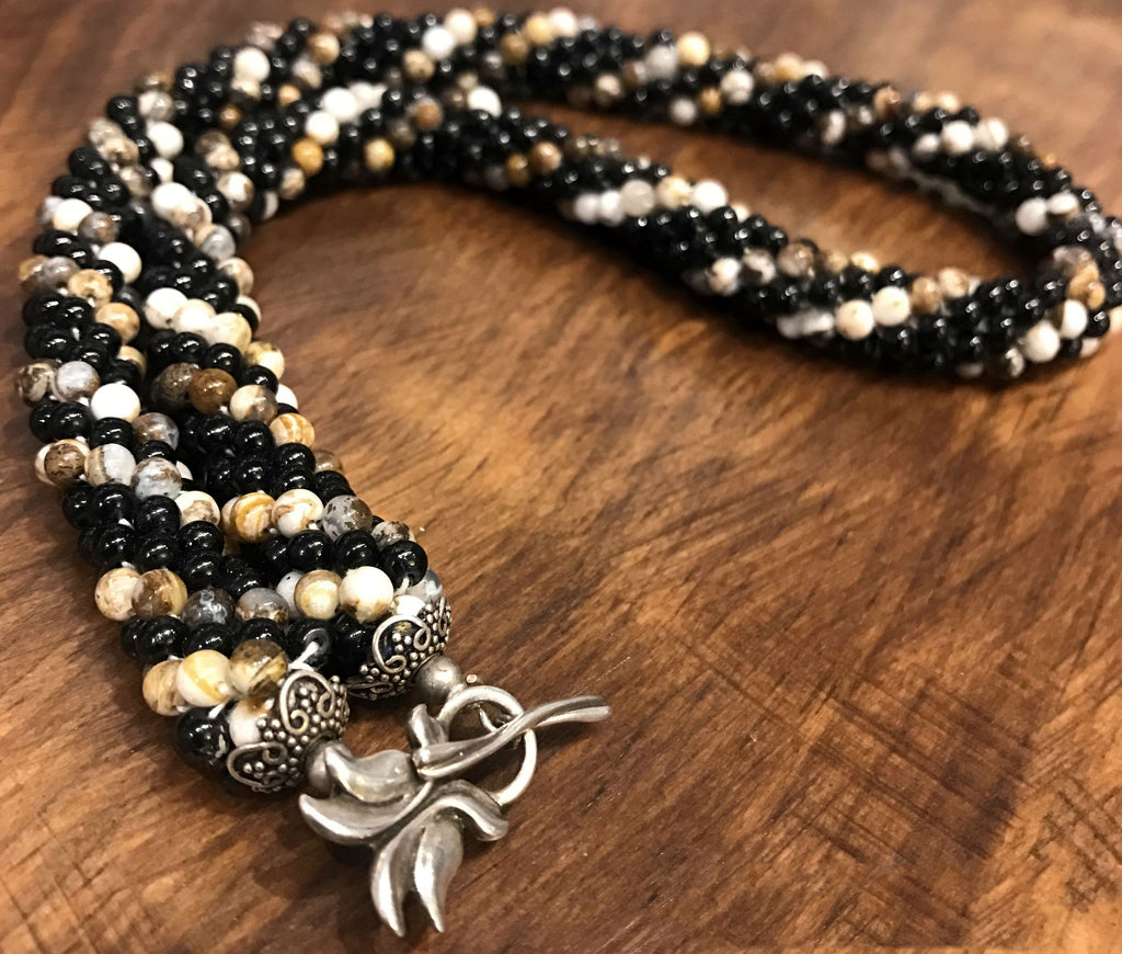 Picture Jasper and Black Glass Crocheted Necklace; Jasper Necklace