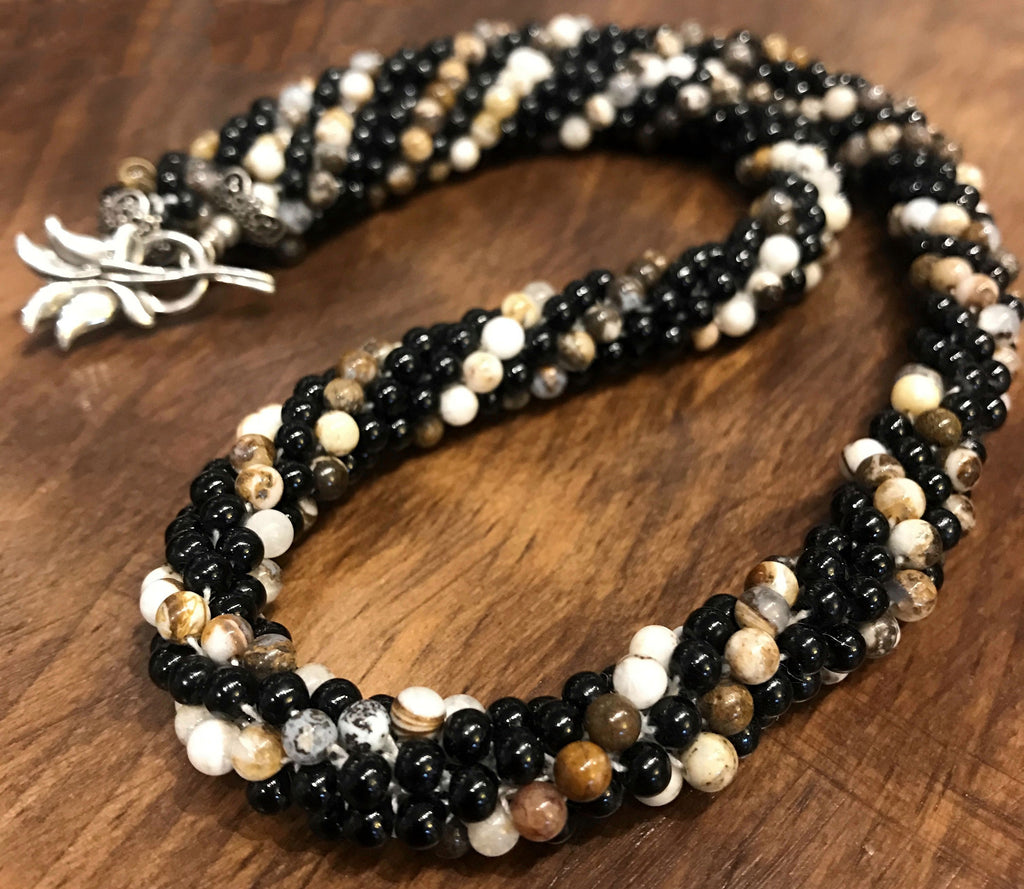 Picture Jasper and Black Glass Crocheted Necklace; Jasper Necklace