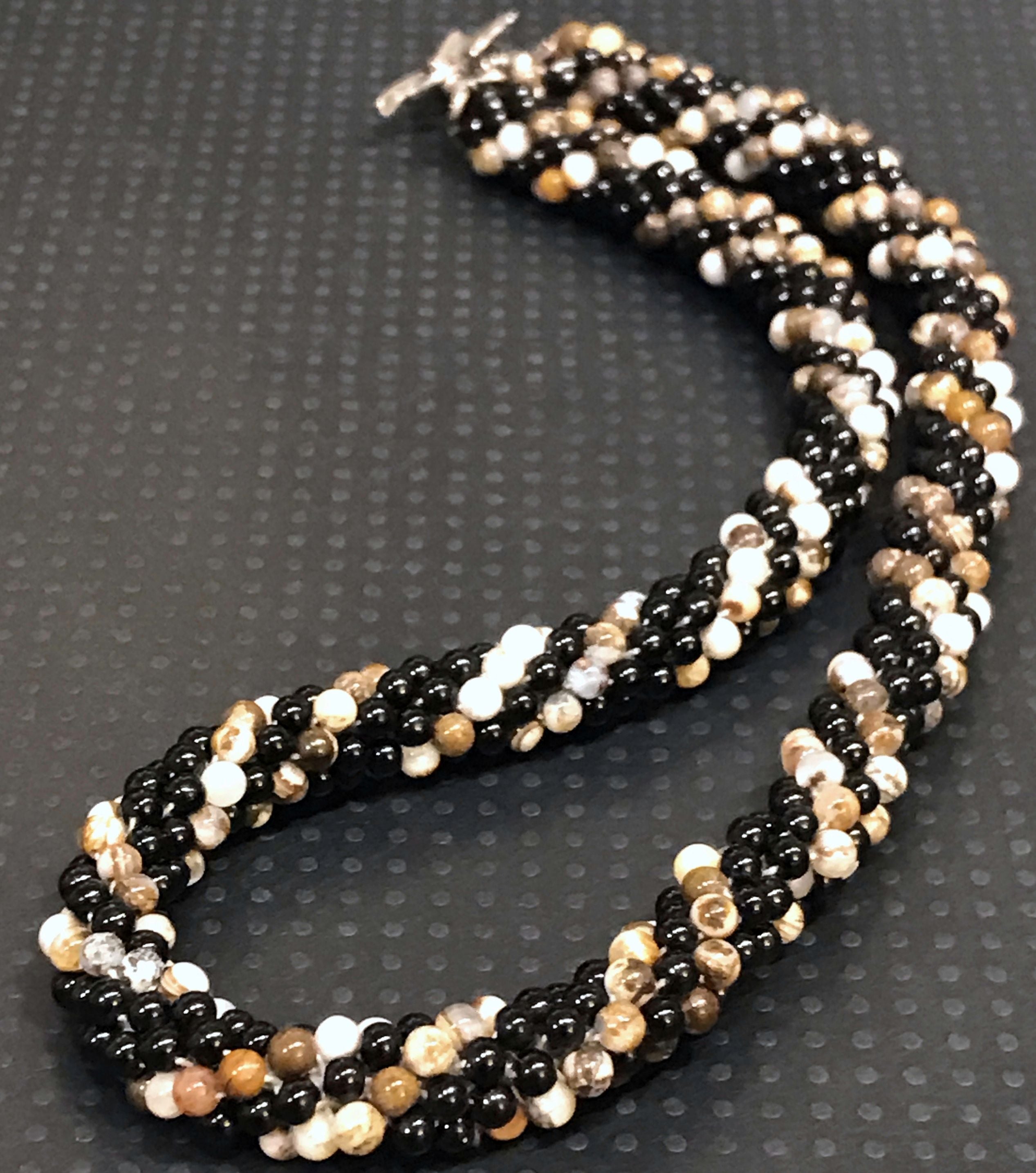 Picture Jasper and Black Glass Crocheted Necklace; Jasper Necklace
