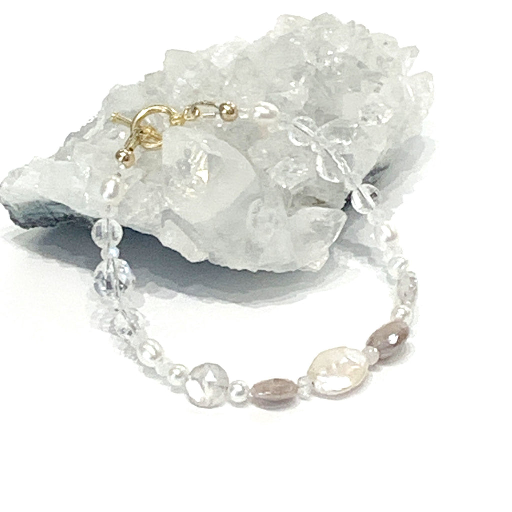 Chocolate Moonstone Bracelet: Rock Crystal Quartz & Pearl Gemstone Jewelry