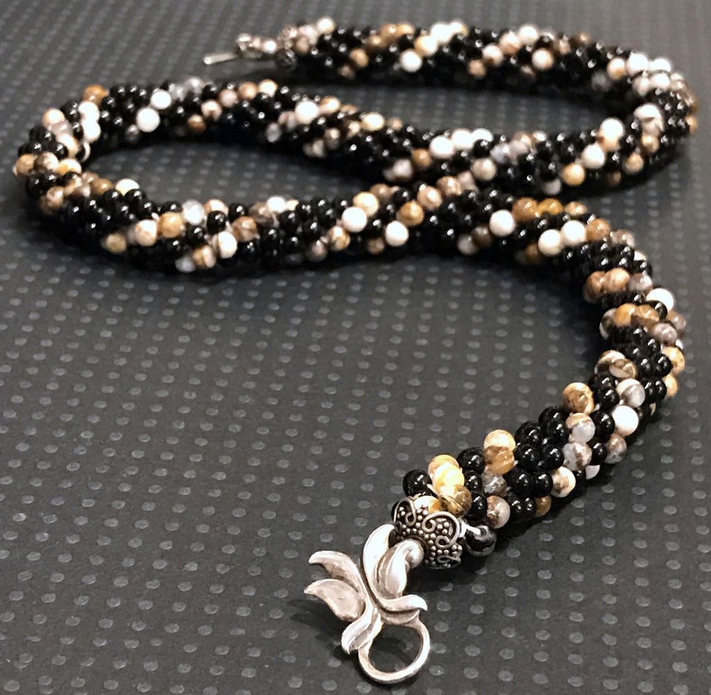 Picture Jasper and Black Glass Crocheted Necklace; Jasper Necklace