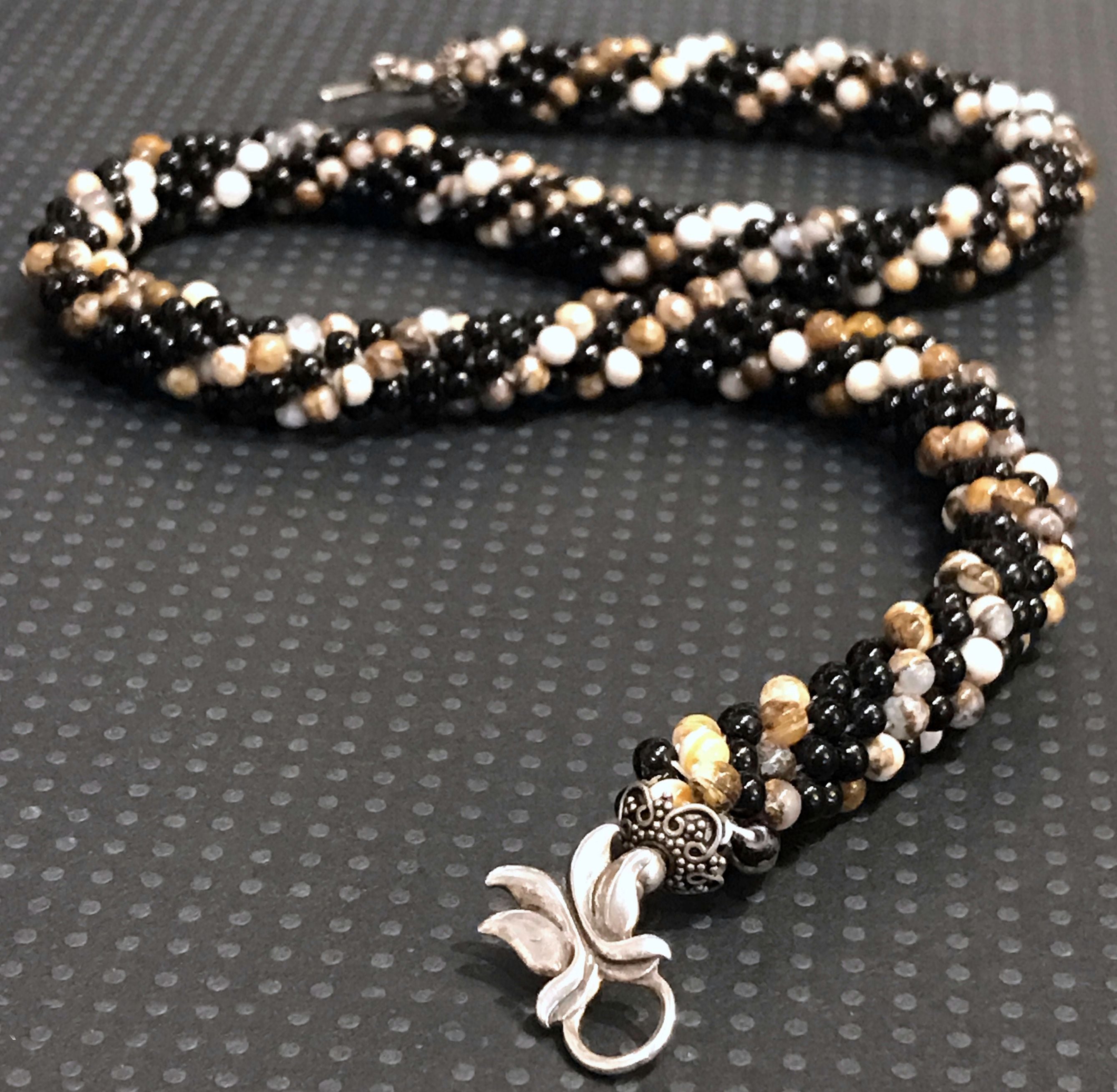 Picture Jasper and Black Glass Crocheted Necklace; Jasper Necklace