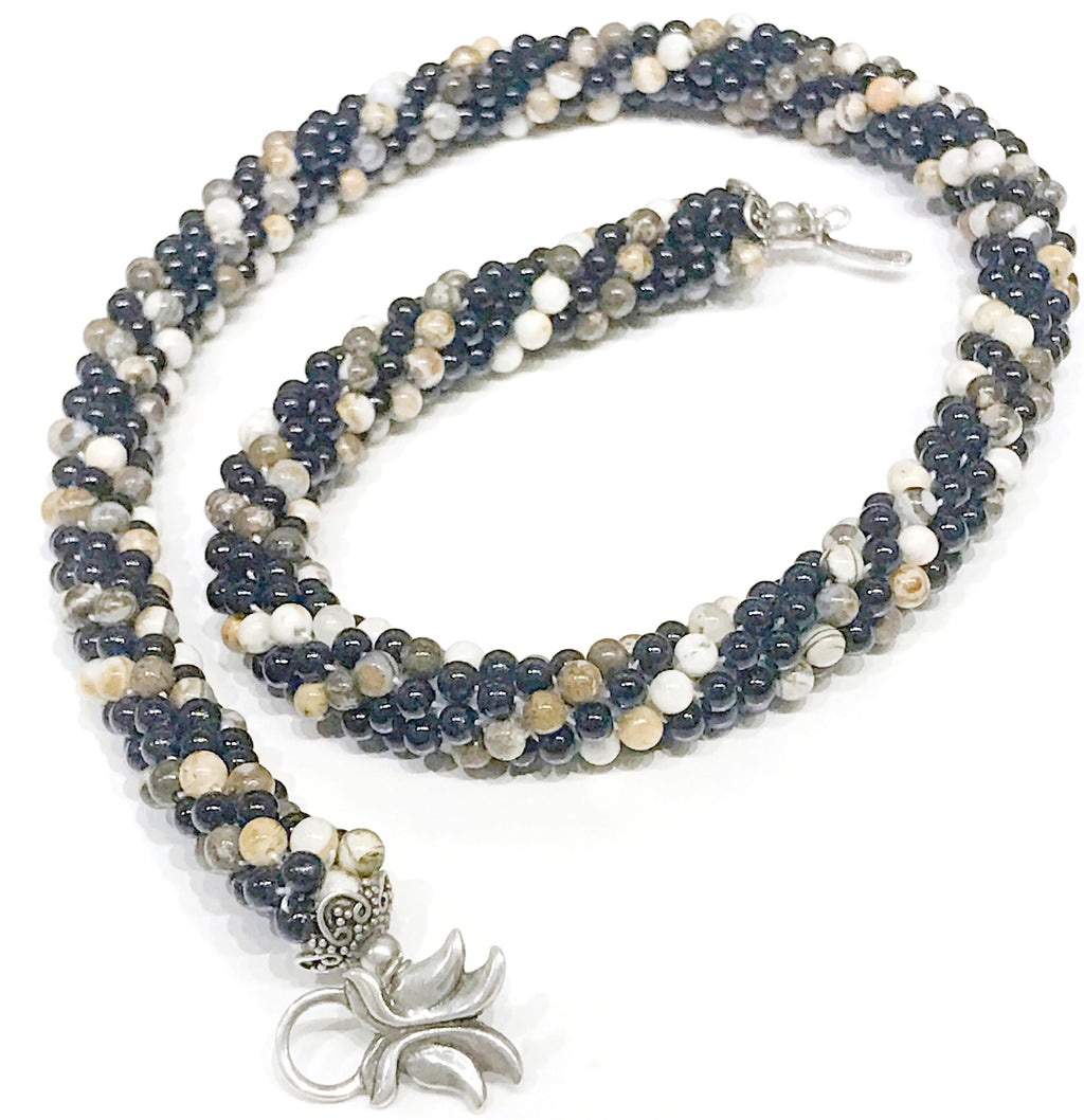 Picture Jasper and Black Glass Crocheted Necklace; Jasper Necklace