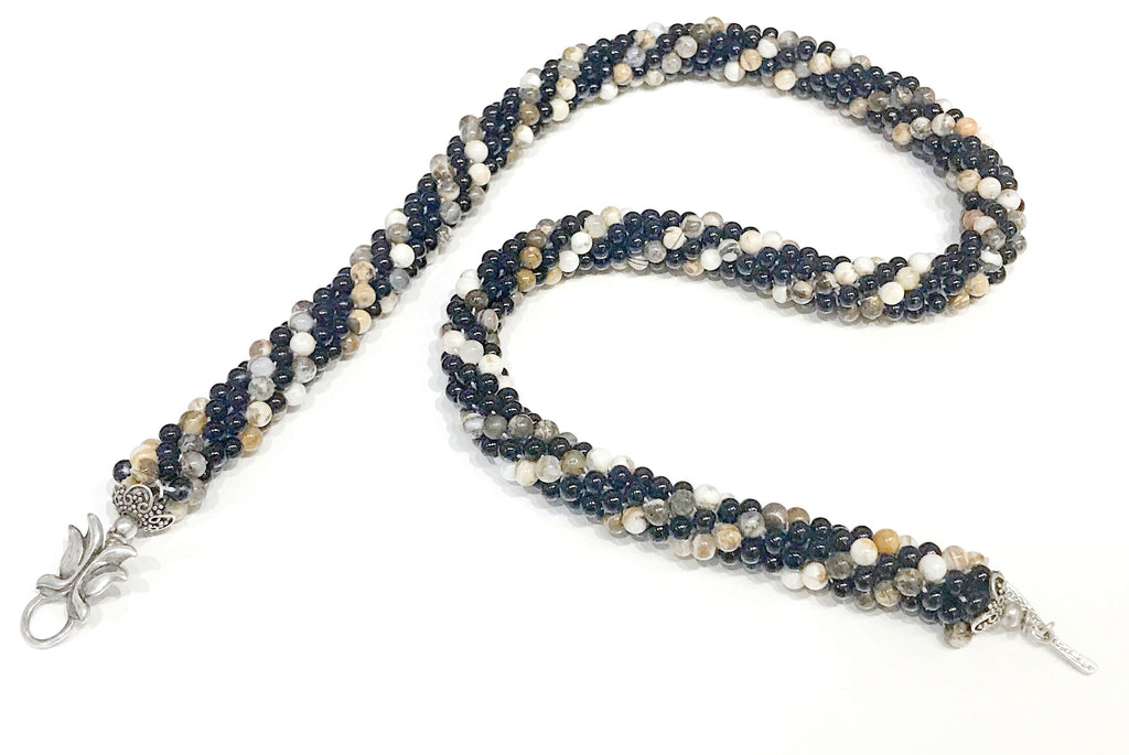 Picture Jasper and Black Glass Crocheted Necklace; Jasper Necklace