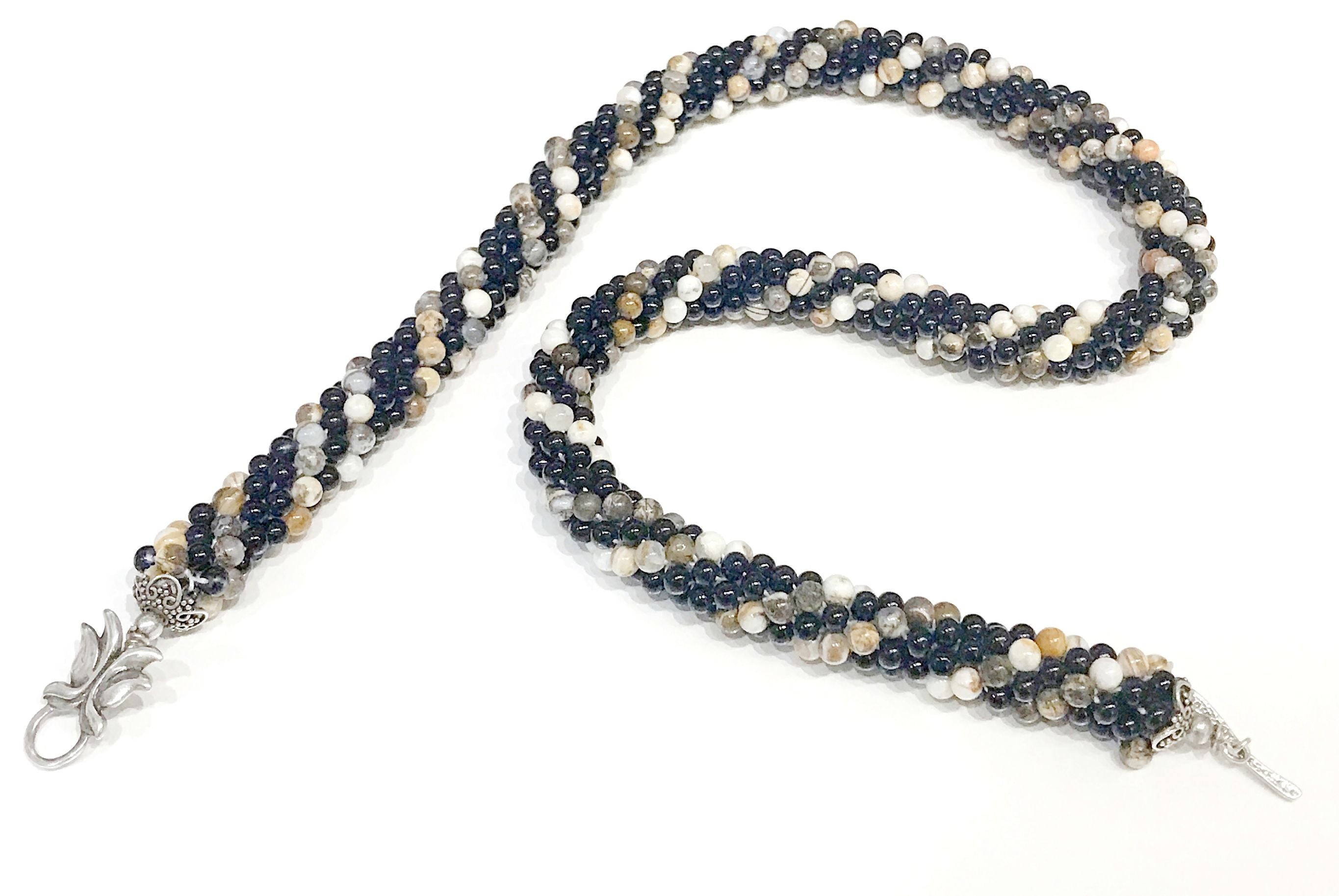 Picture Jasper and Black Glass Crocheted Necklace; Jasper Necklace