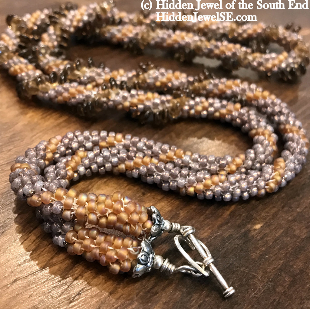 Crocheted Seed Bead necklace with spiral Lentil beads and Silver clasp