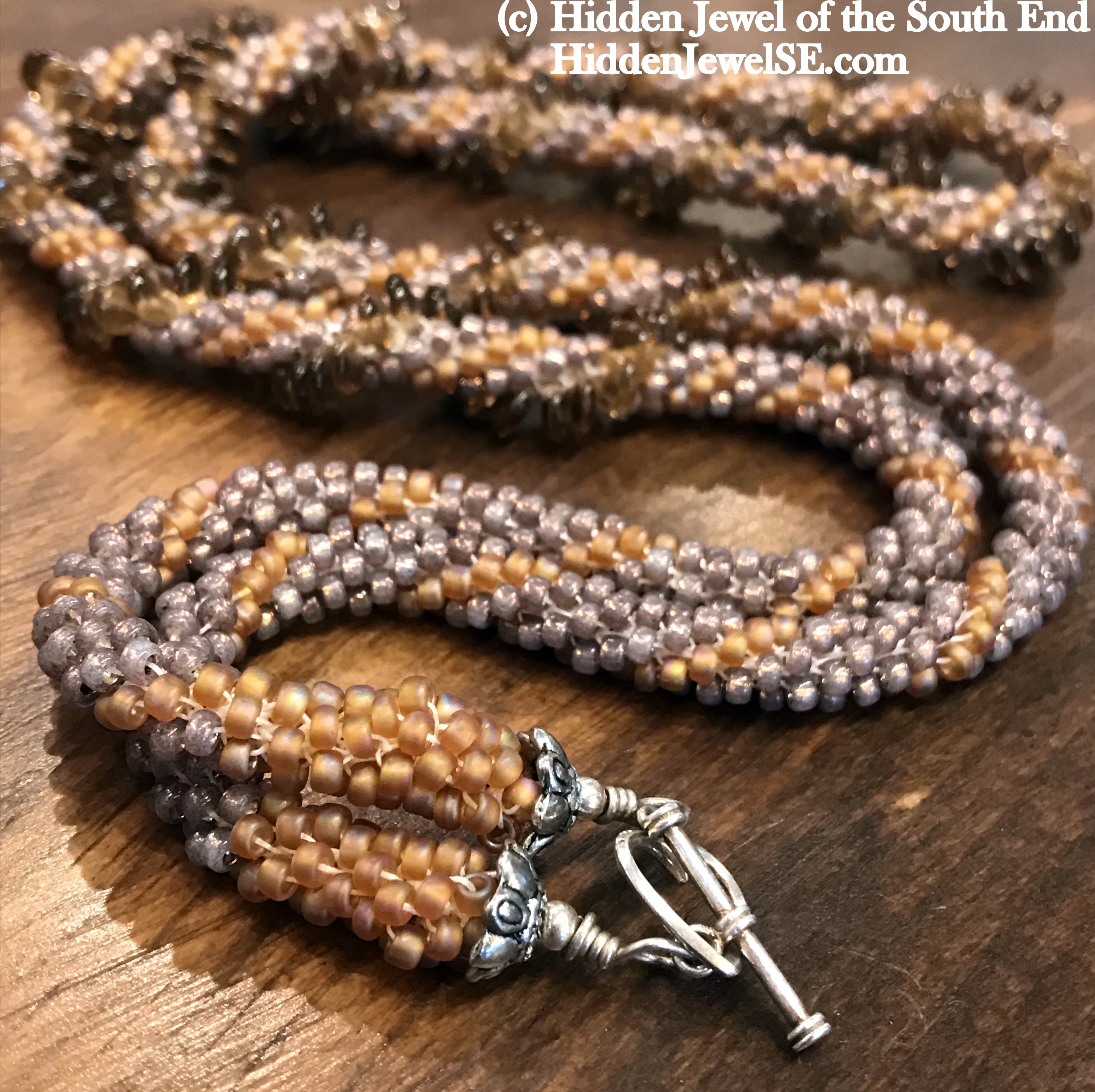 Crocheted Seed Bead necklace with spiral Lentil beads and Silver clasp
