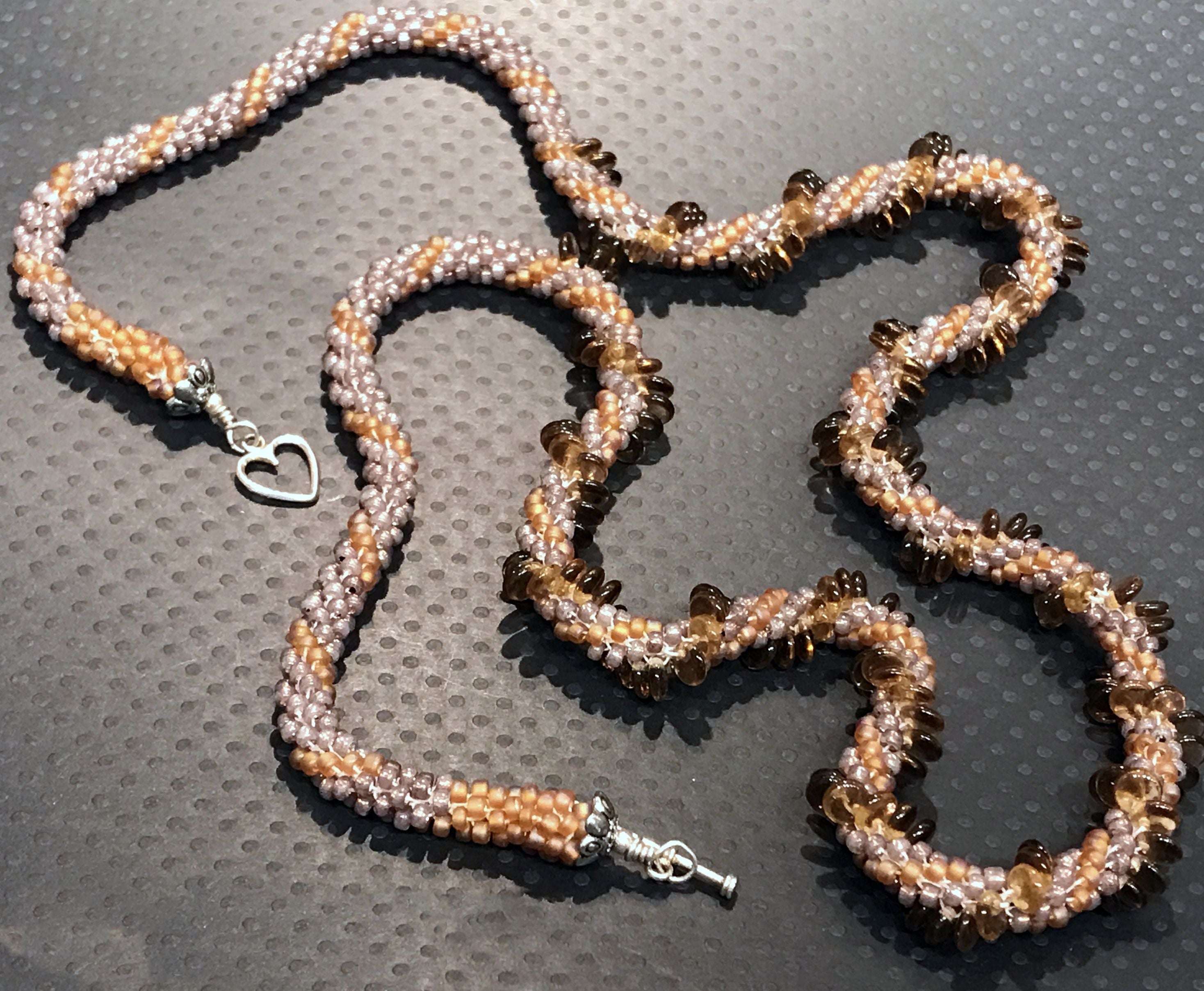 Crocheted Seed Bead necklace with spiral Lentil beads and Silver clasp