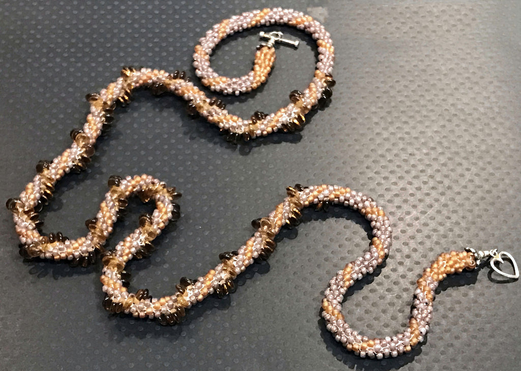 Crocheted Seed Bead necklace with spiral Lentil beads and Silver clasp
