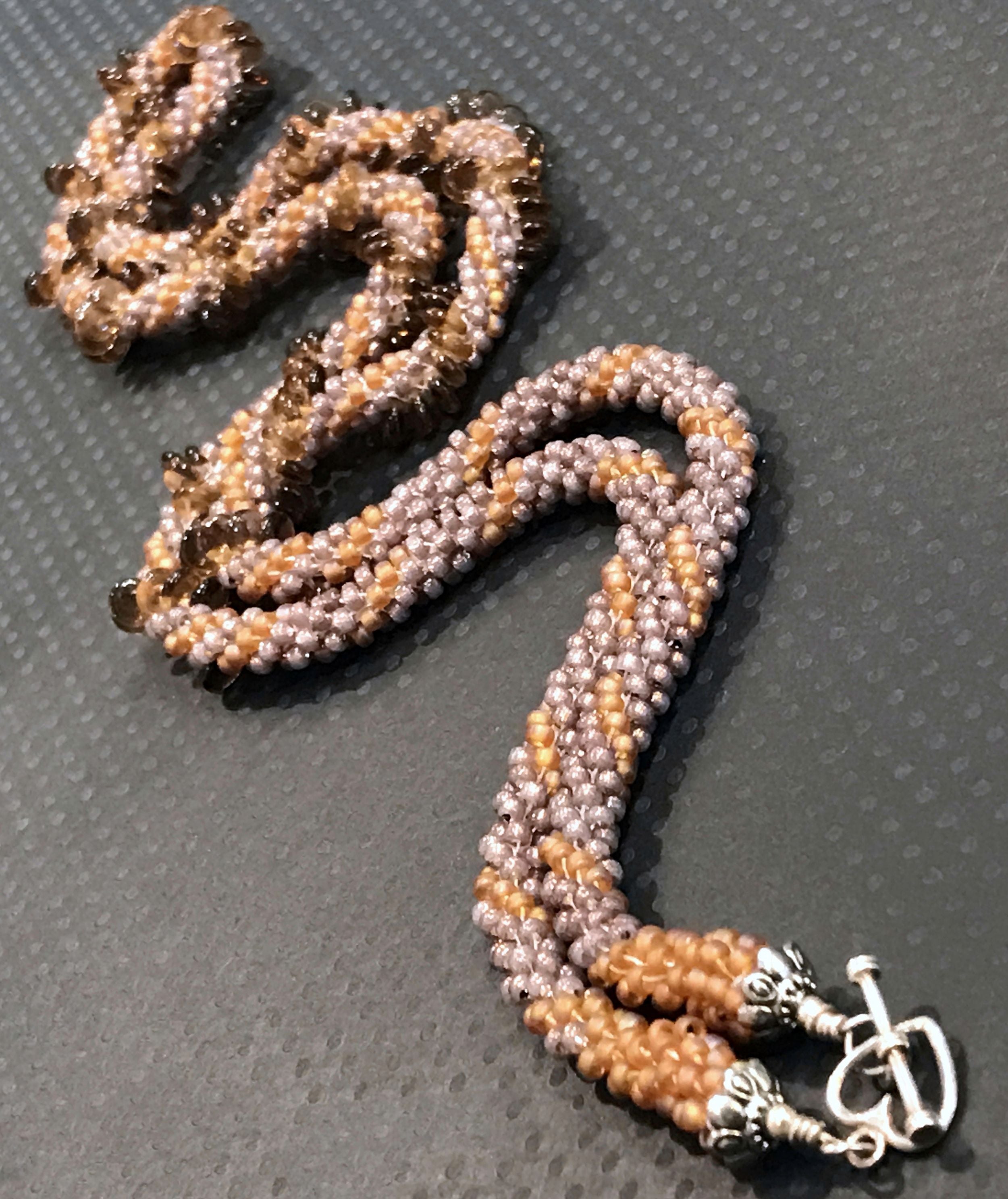 Crocheted Seed Bead necklace with spiral Lentil beads and Silver clasp