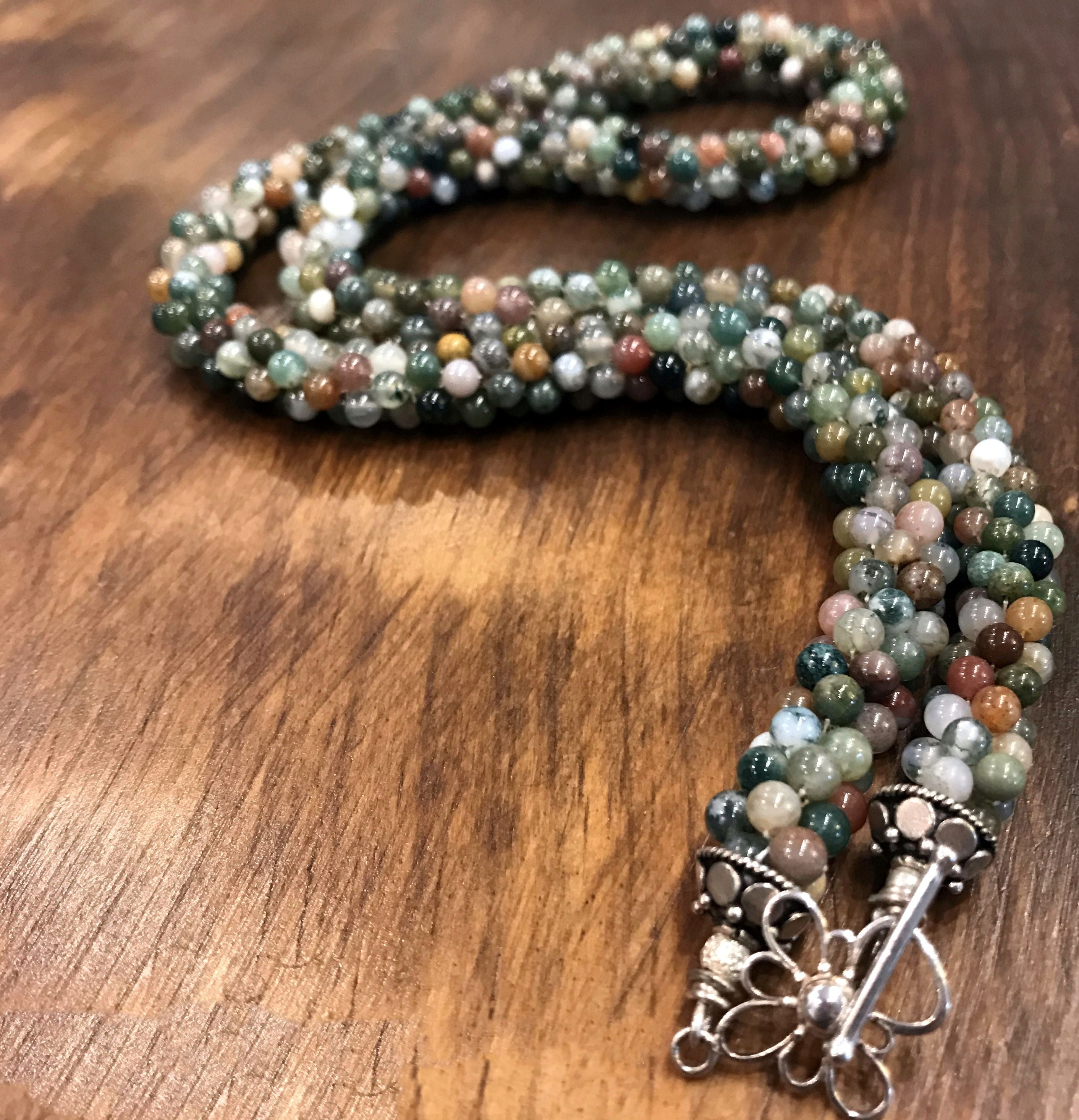 Fancy Jasper Hand crocheted necklace with Sterling silver toggle Clasp