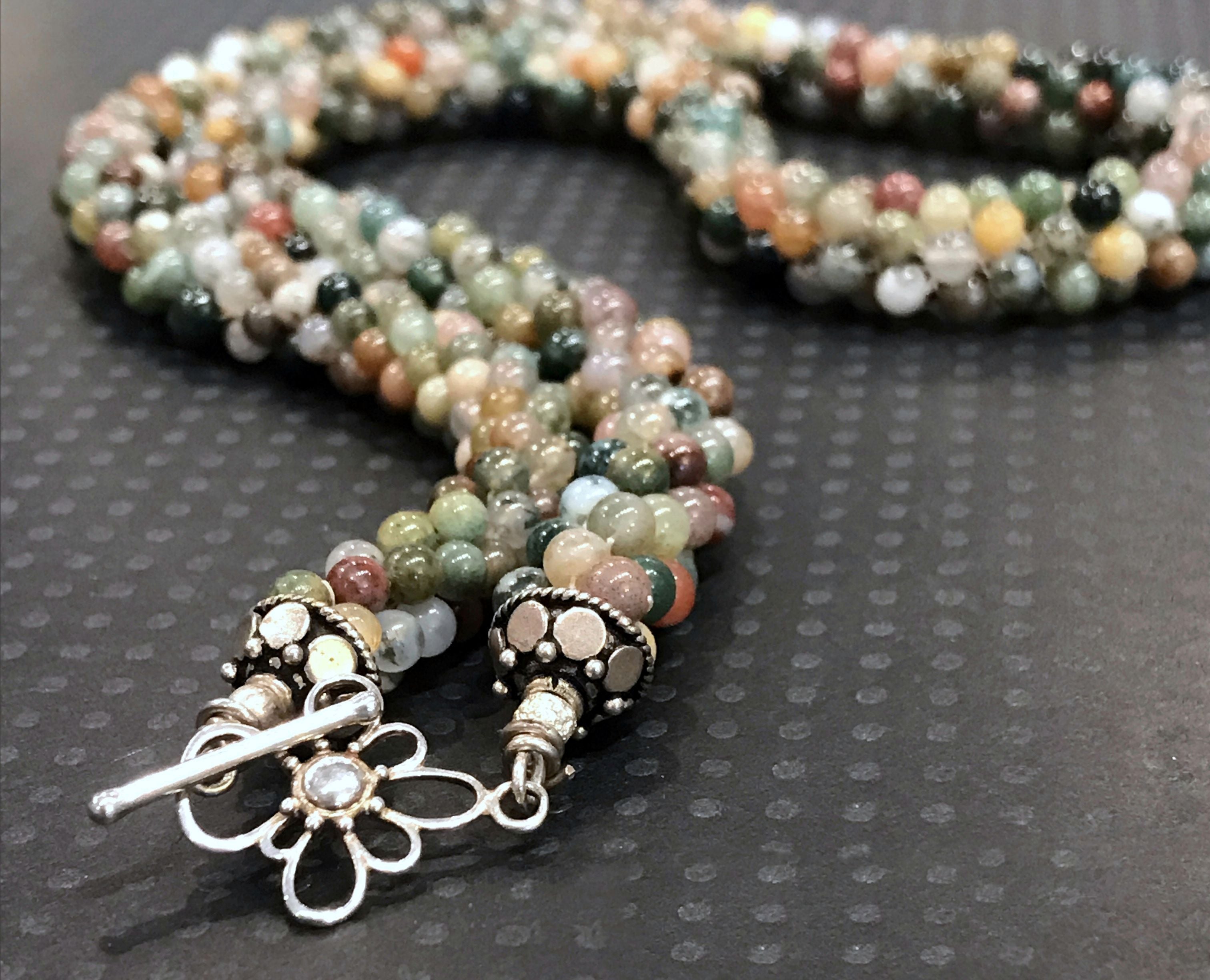 Fancy Jasper Hand crocheted necklace with Sterling silver toggle Clasp