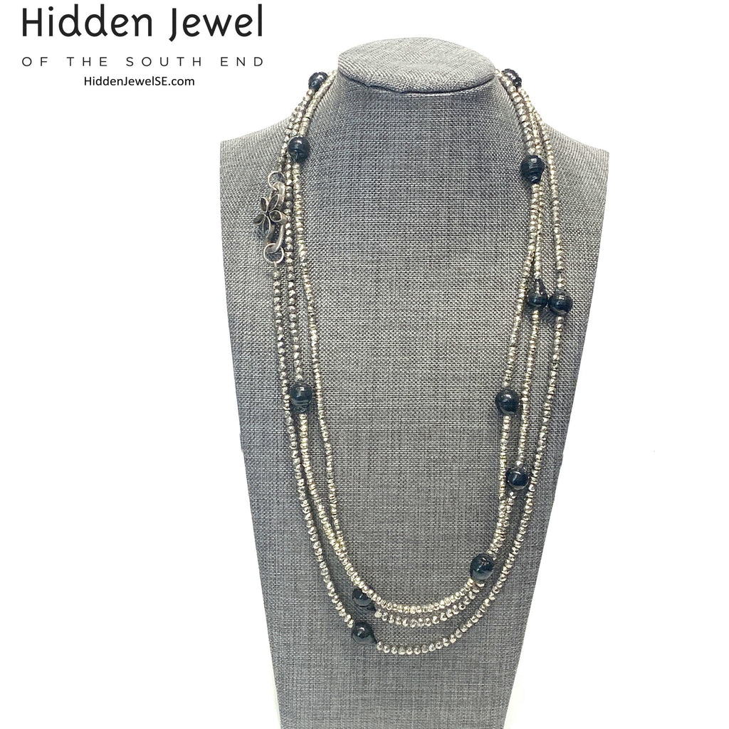 Freshwater Pearl and Silver Pyrite Extra Long Multi Wrap Necklace