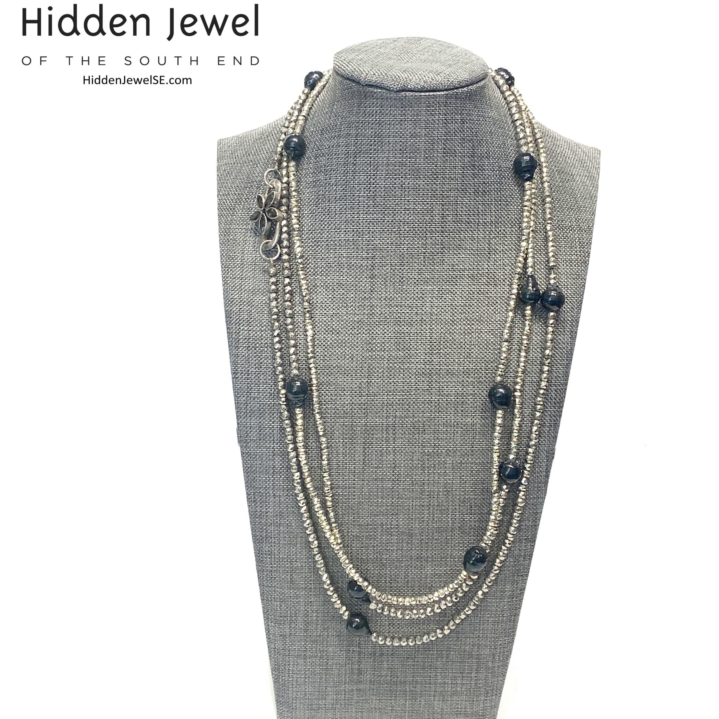 Freshwater Pearl and Silver Pyrite Extra Long Multi Wrap Necklace