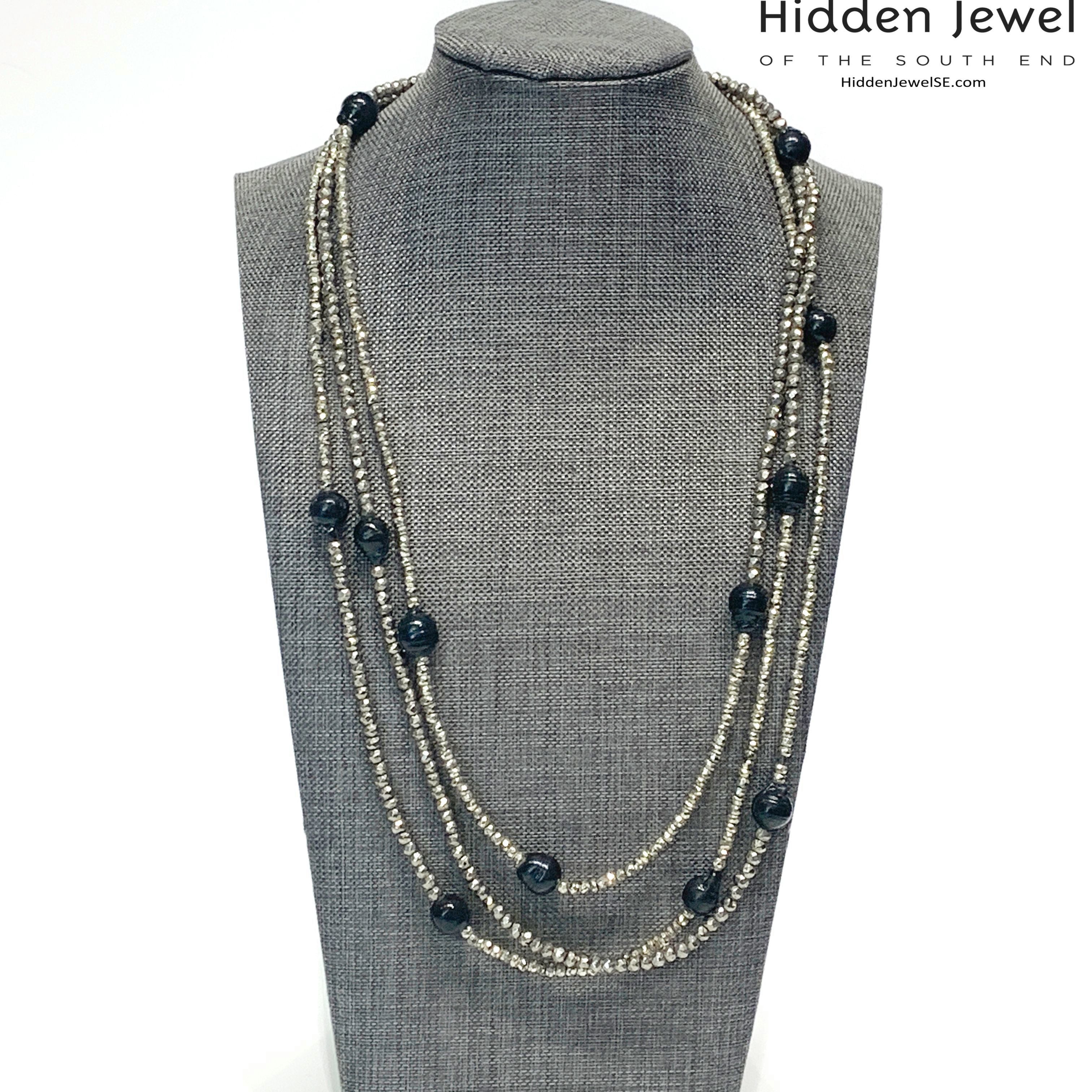 Freshwater Pearl and Silver Pyrite Extra Long Multi Wrap Necklace