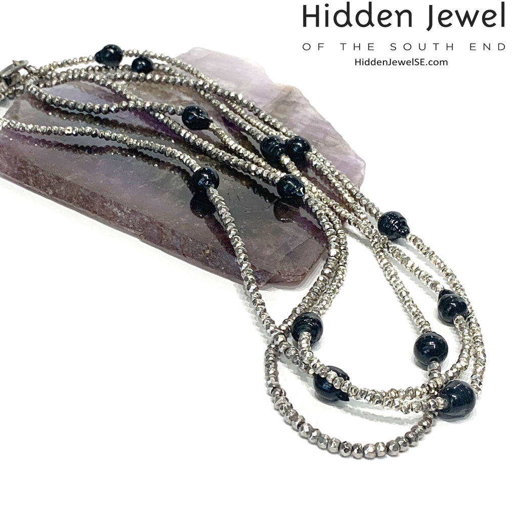 Freshwater Pearl and Silver Pyrite Extra Long Multi Wrap Necklace