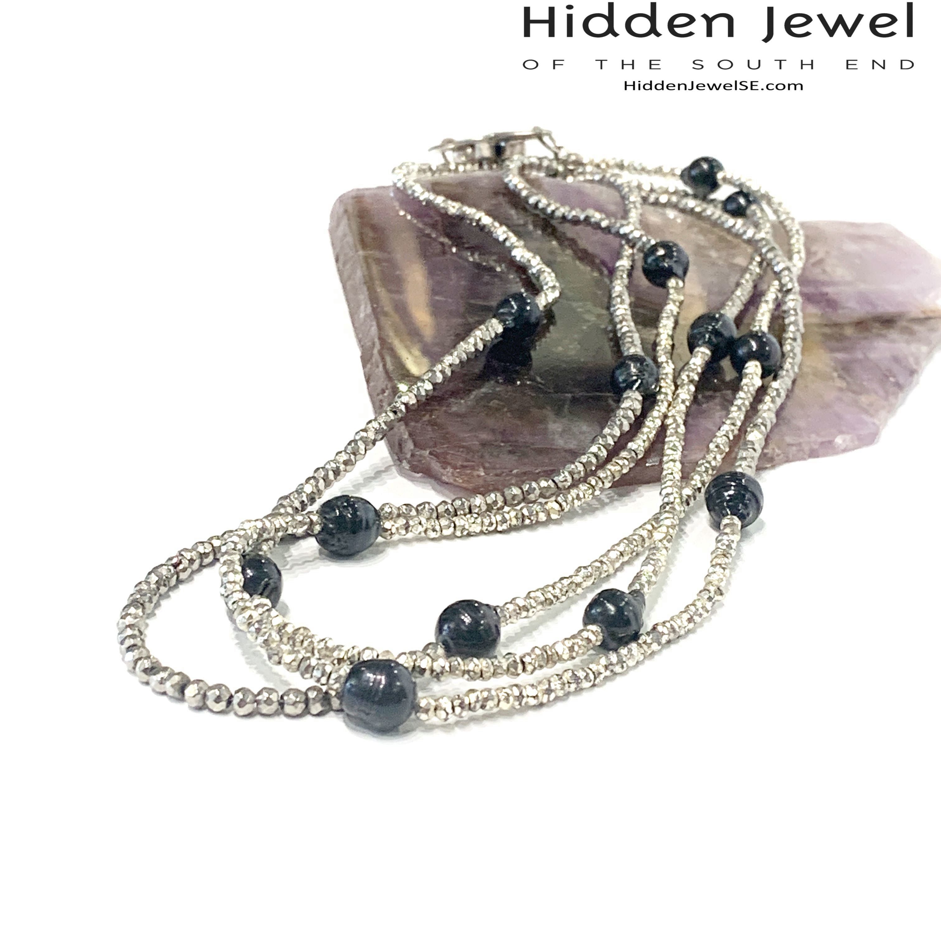 Freshwater Pearl and Silver Pyrite Extra Long Multi Wrap Necklace