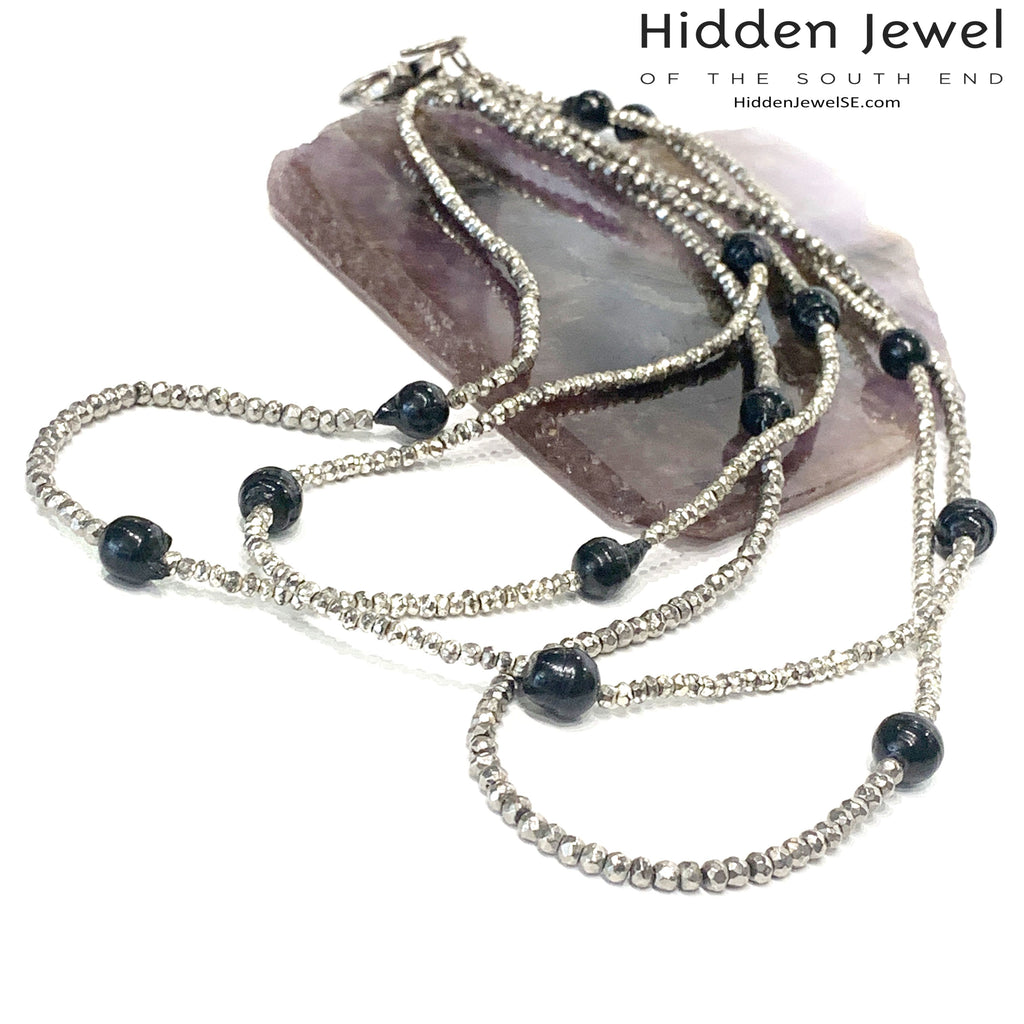 Freshwater Pearl and Silver Pyrite Extra Long Multi Wrap Necklace