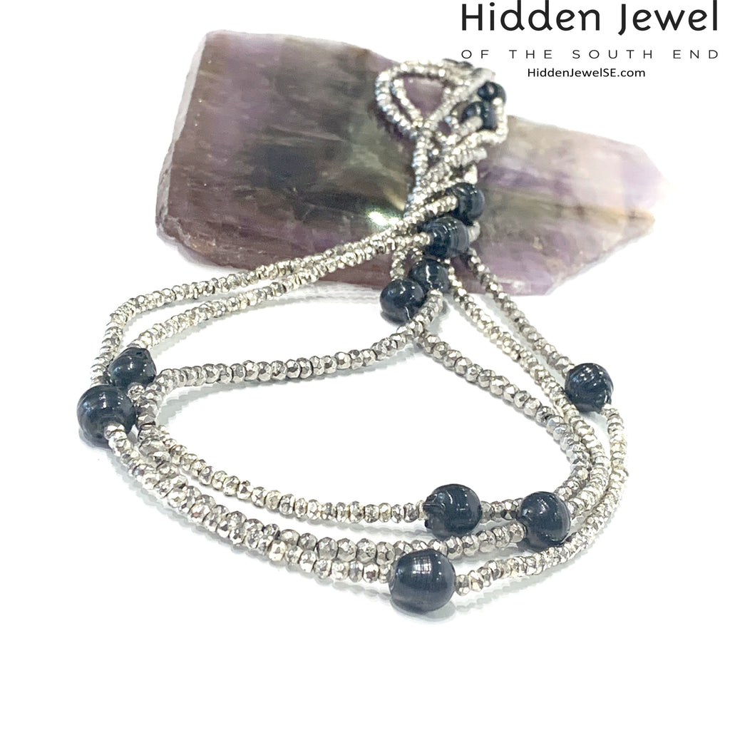 Freshwater Pearl and Silver Pyrite Extra Long Multi Wrap Necklace