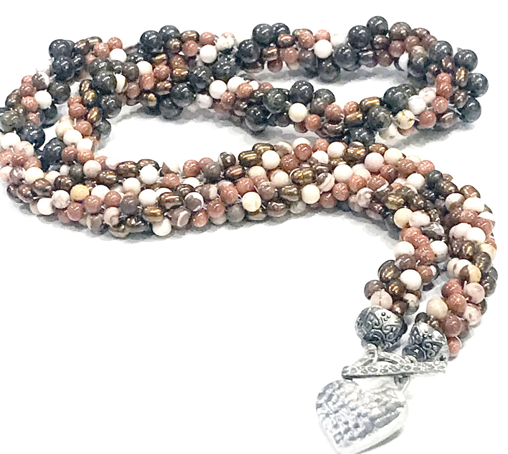 Spiral of Brown Jasper and Goldstone Gemstone with Freshwater Pearls