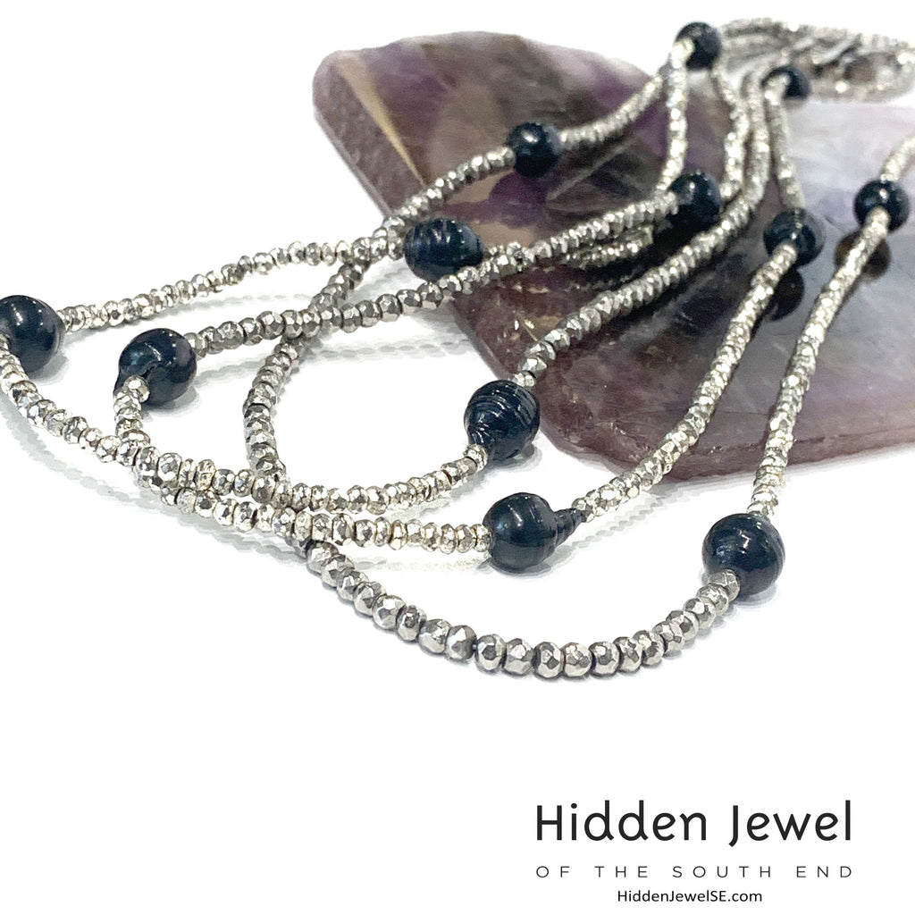 Freshwater Pearl and Silver Pyrite Extra Long Multi Wrap Necklace