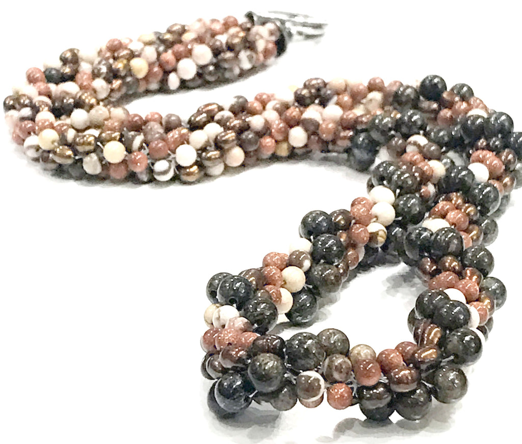 Spiral of Brown Jasper and Goldstone Gemstone with Freshwater Pearls