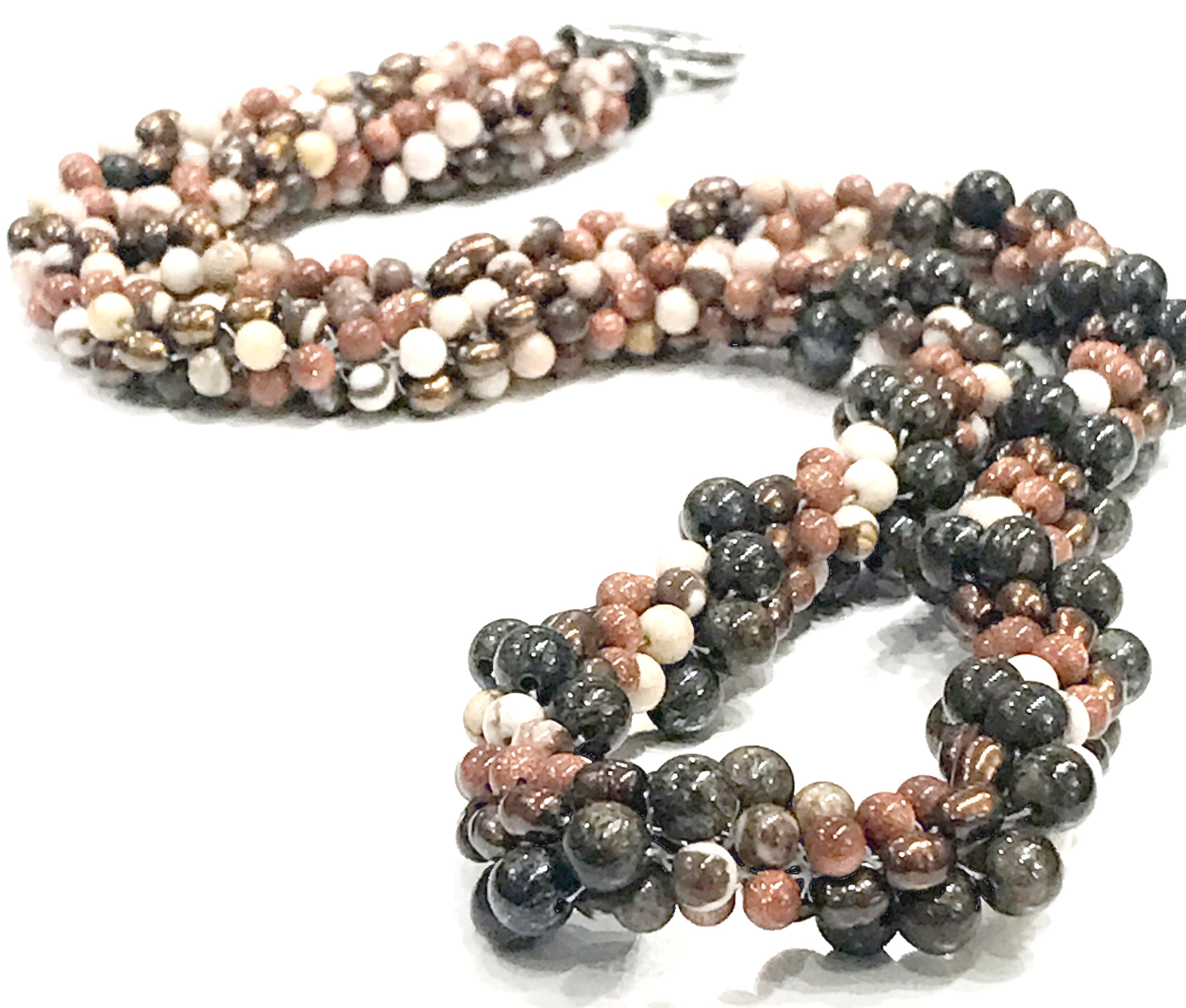 Spiral of Brown Jasper and Goldstone Gemstone with Freshwater Pearls