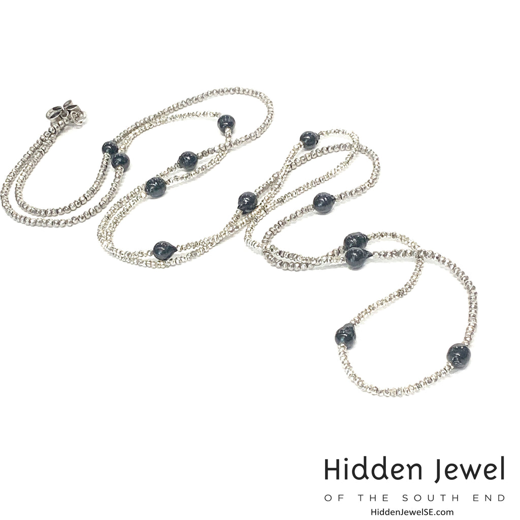 Freshwater Pearl and Silver Pyrite Extra Long Multi Wrap Necklace