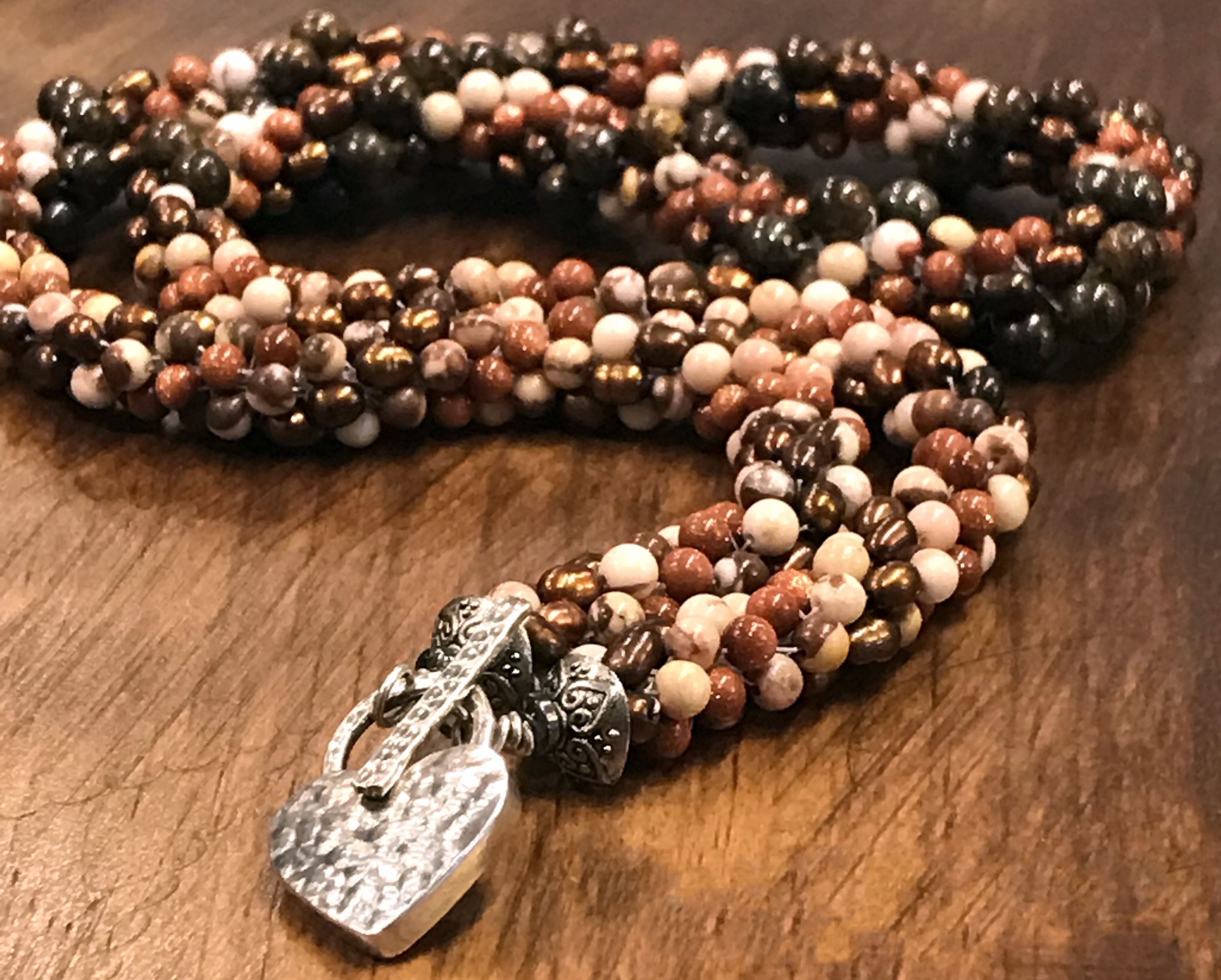 Spiral of Brown Jasper and Goldstone Gemstone with Freshwater Pearls
