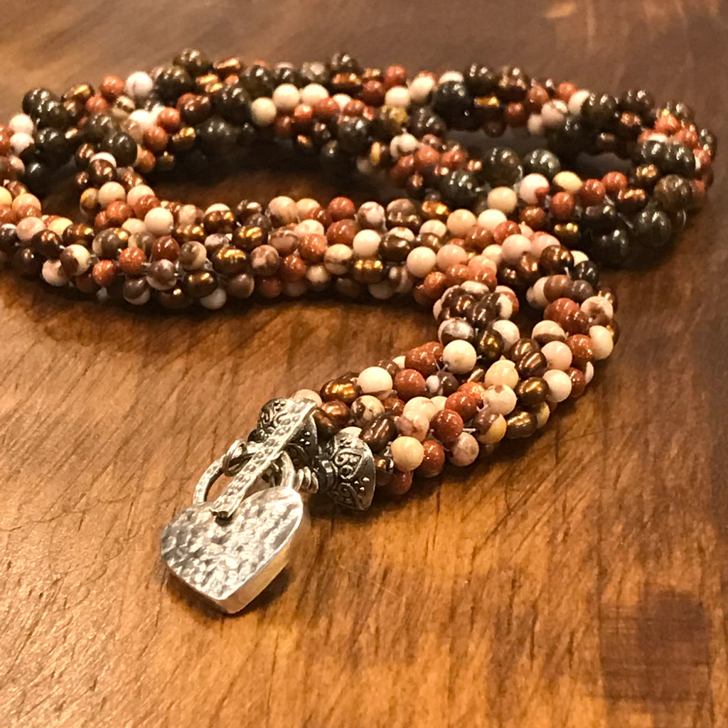 Spiral of Brown Jasper and Goldstone Gemstone with Freshwater Pearls