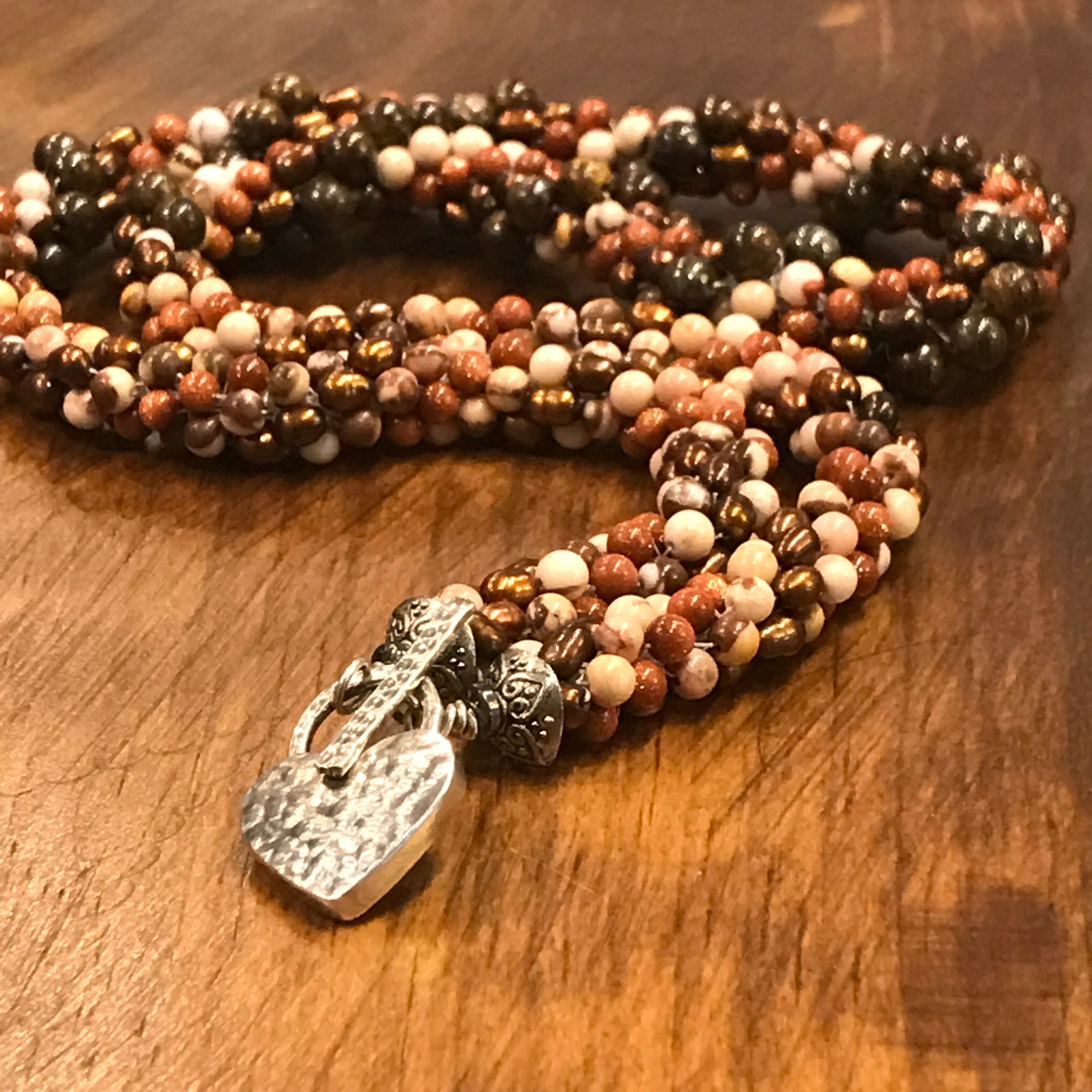 Spiral of Brown Jasper and Goldstone Gemstone with Freshwater Pearls