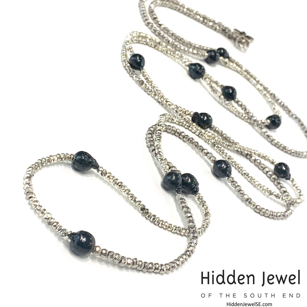 Freshwater Pearl and Silver Pyrite Extra Long Multi Wrap Necklace