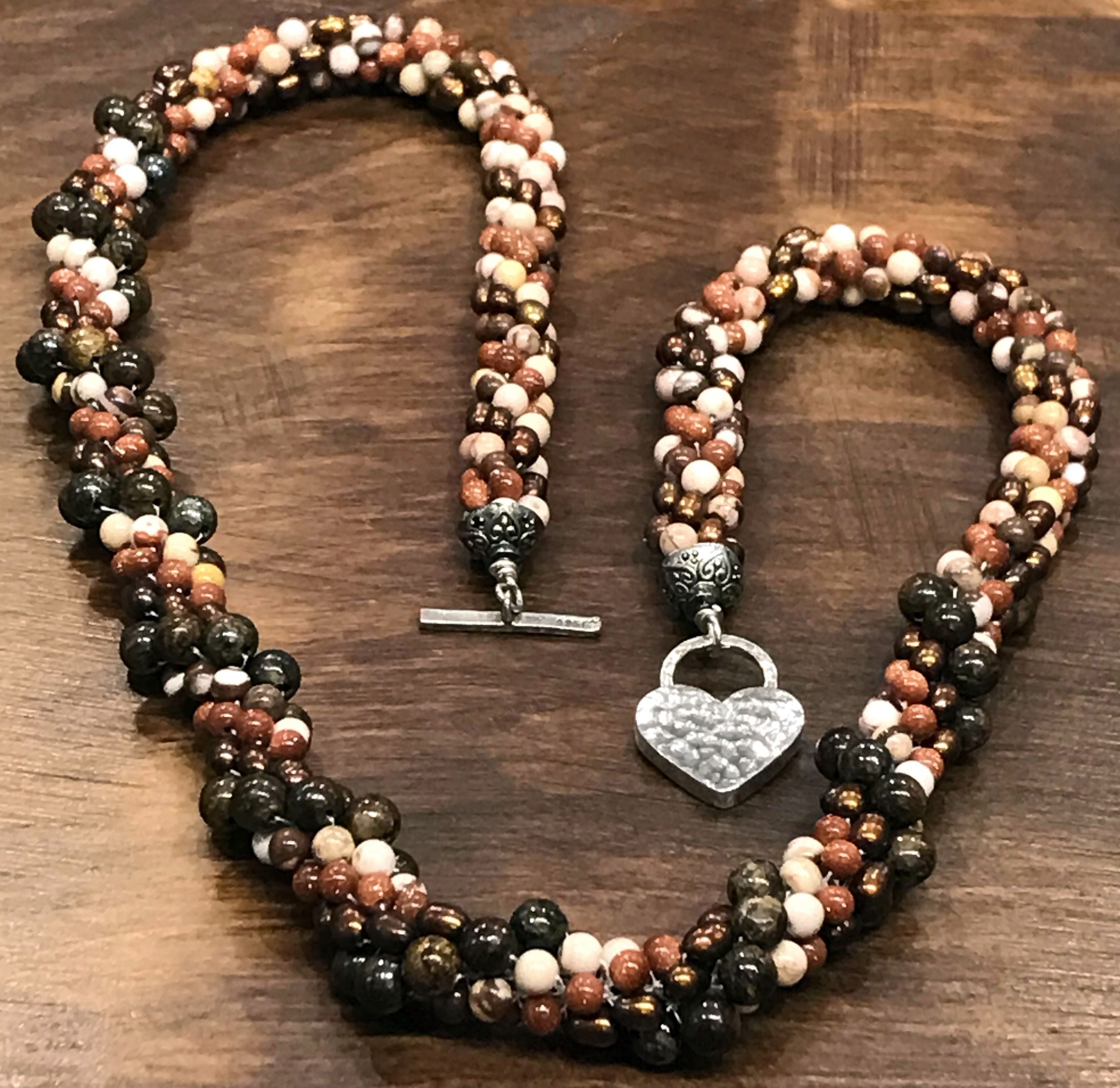Spiral of Brown Jasper and Goldstone Gemstone with Freshwater Pearls
