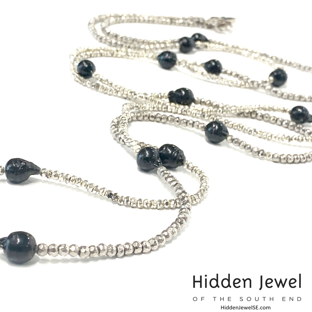 Freshwater Pearl and Silver Pyrite Extra Long Multi Wrap Necklace