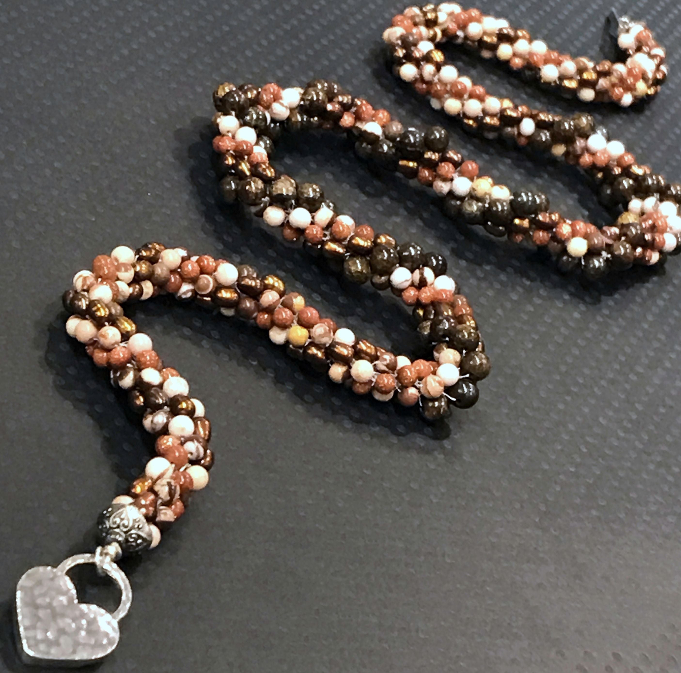 Spiral of Brown Jasper and Goldstone Gemstone with Freshwater Pearls