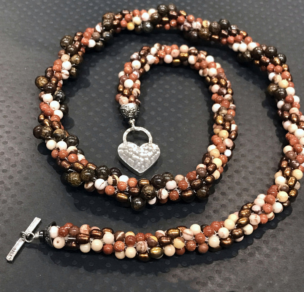 Spiral of Brown Jasper and Goldstone Gemstone with Freshwater Pearls