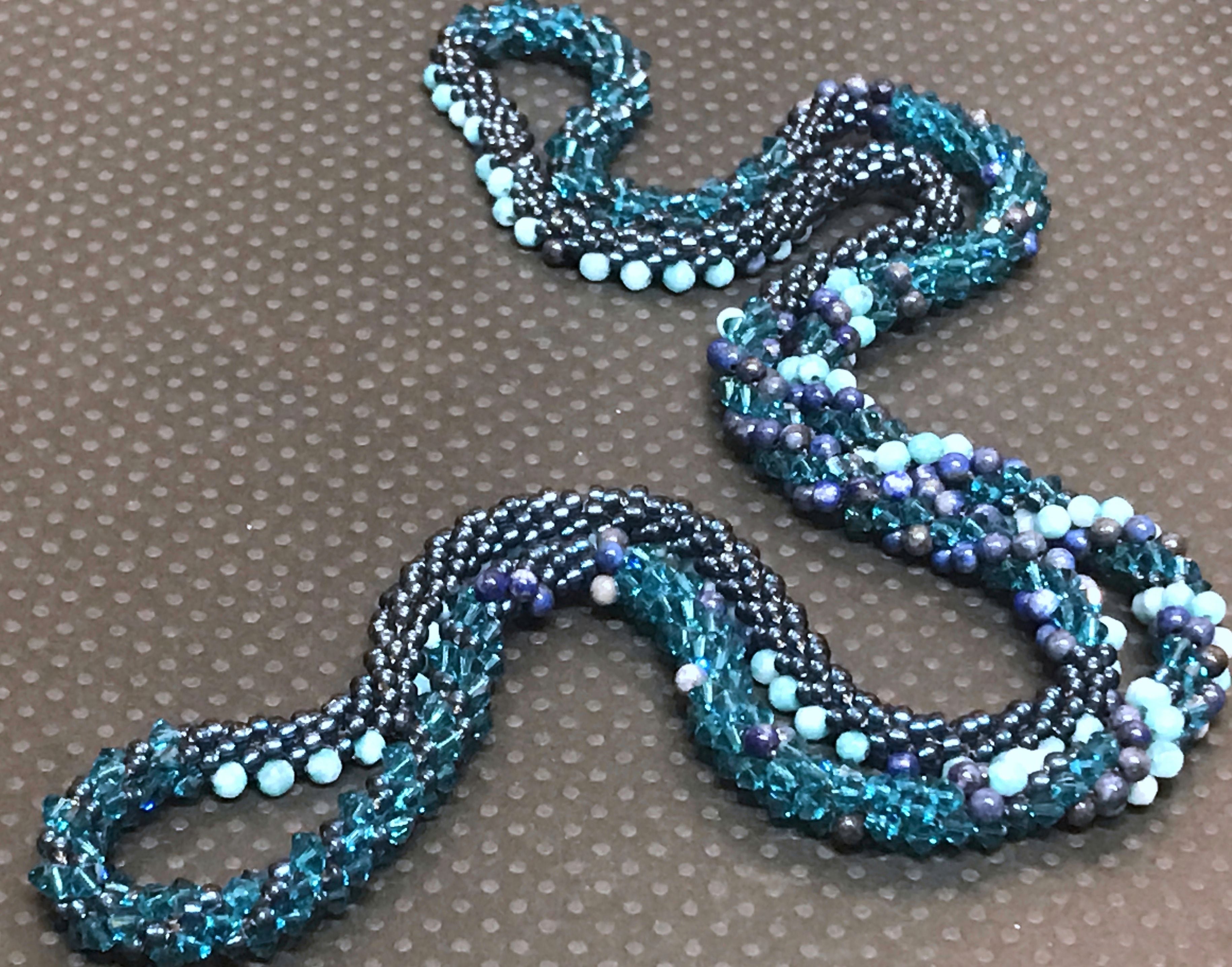 Bright Blue mixed beaded crocheted necklace, lapis