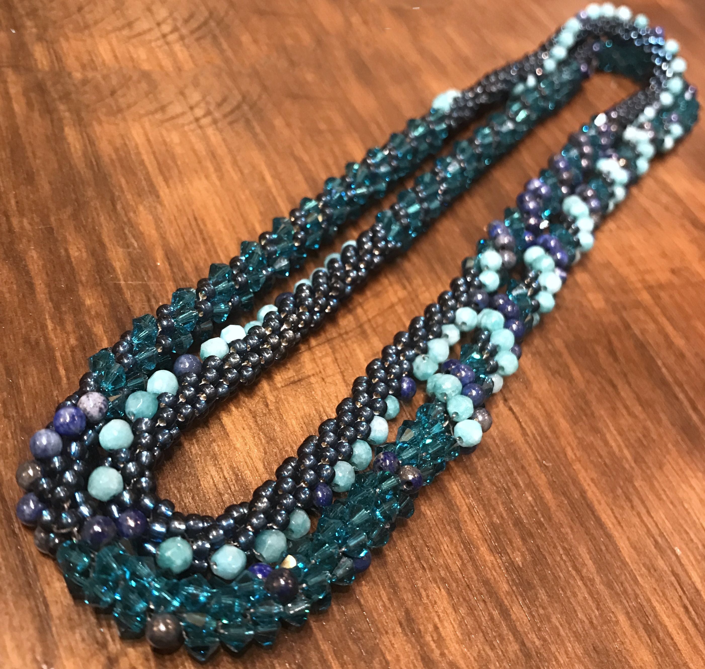 Bright Blue mixed beaded crocheted necklace, lapis