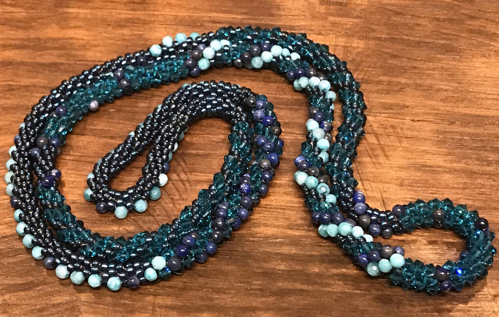 Bright Blue mixed beaded crocheted necklace, lapis