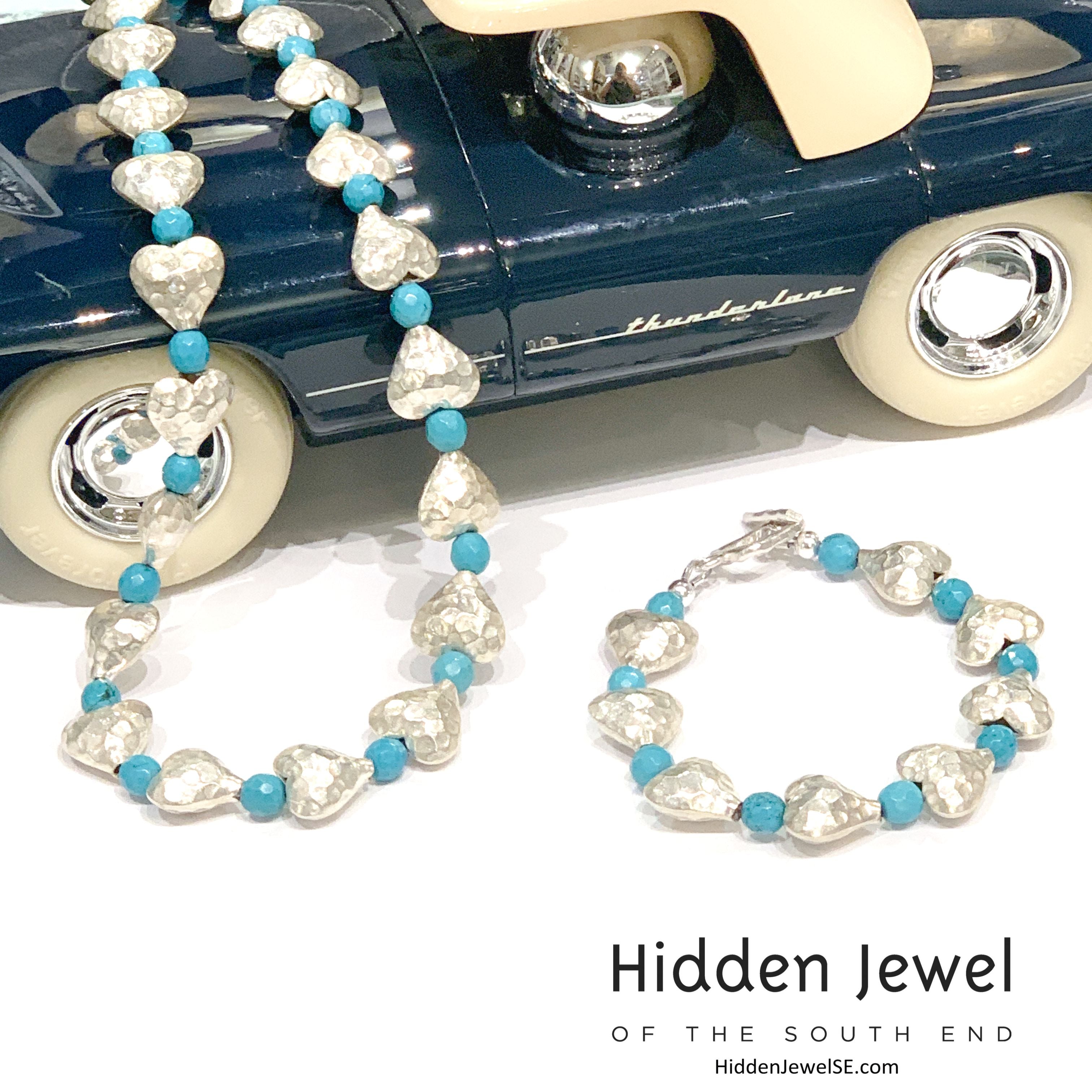 Genuine Hill Tribe Fine Silver hammered heart necklace with Turquoise gemstone beads