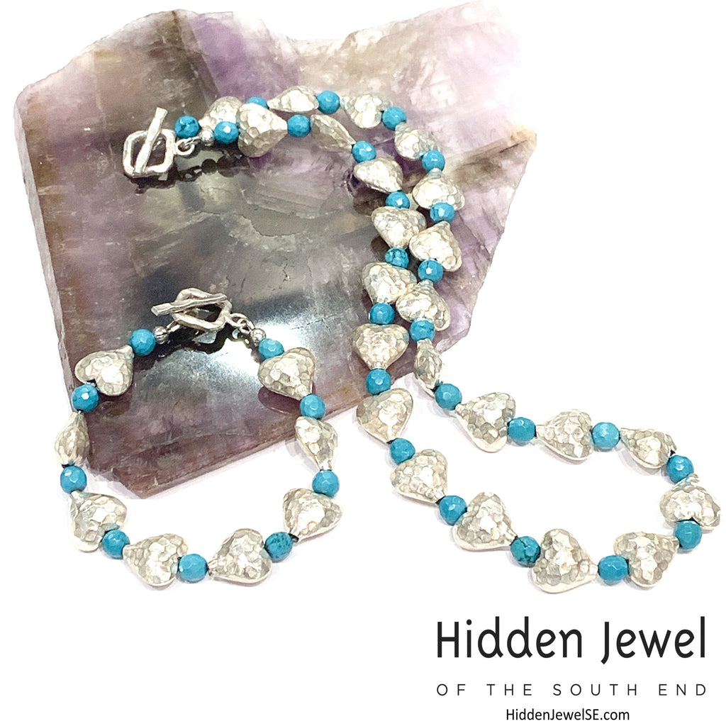 Genuine Hill Tribe Fine Silver hammered heart necklace with Turquoise gemstone beads