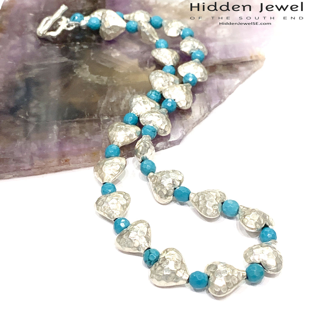 Genuine Hill Tribe Fine Silver hammered heart necklace with Turquoise gemstone beads