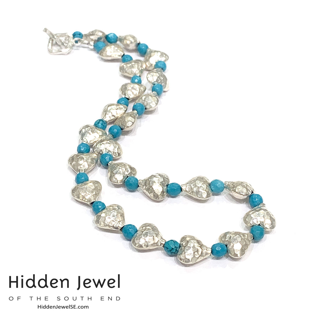 Genuine Hill Tribe Fine Silver hammered heart necklace with Turquoise gemstone beads