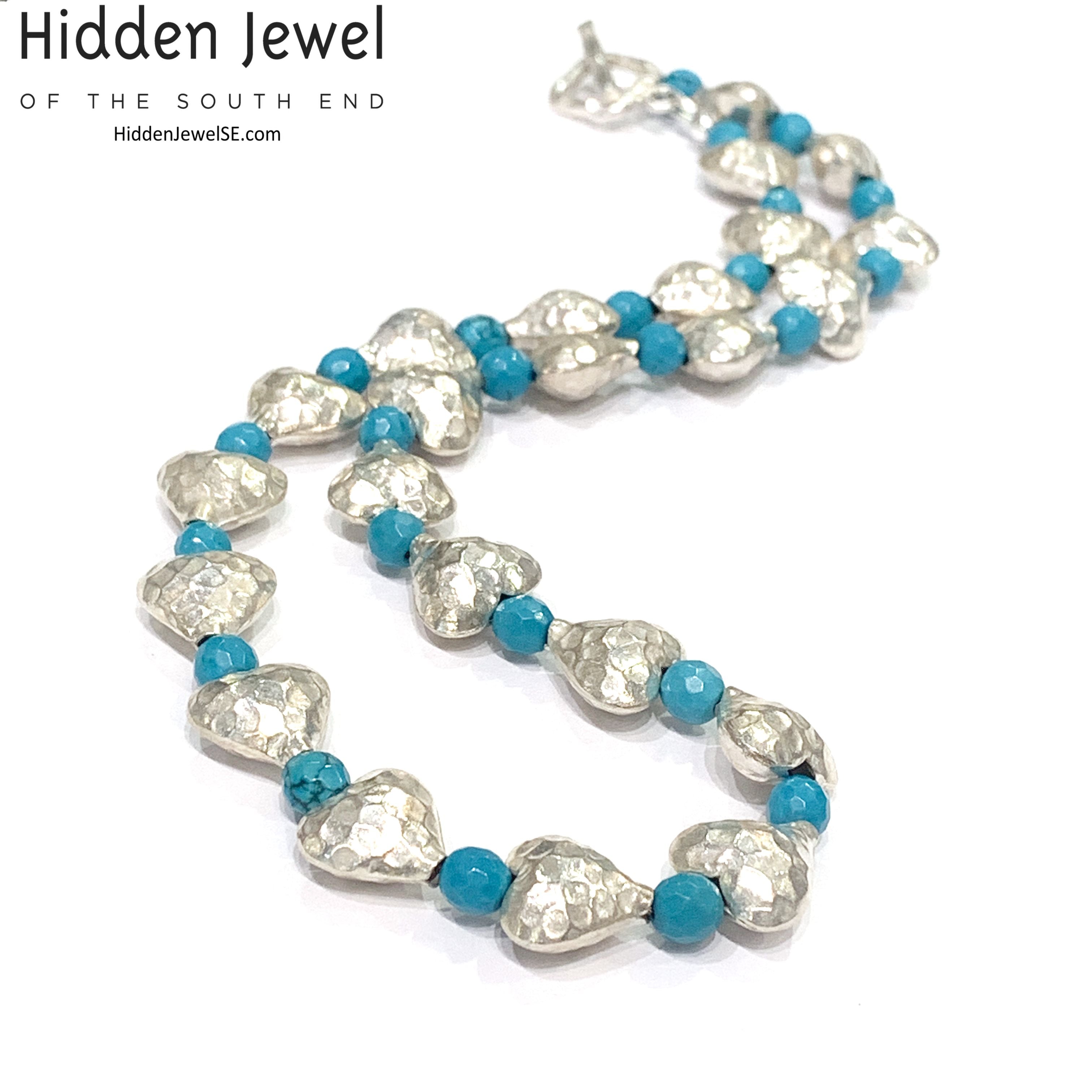 Genuine Hill Tribe Fine Silver hammered heart necklace with Turquoise gemstone beads