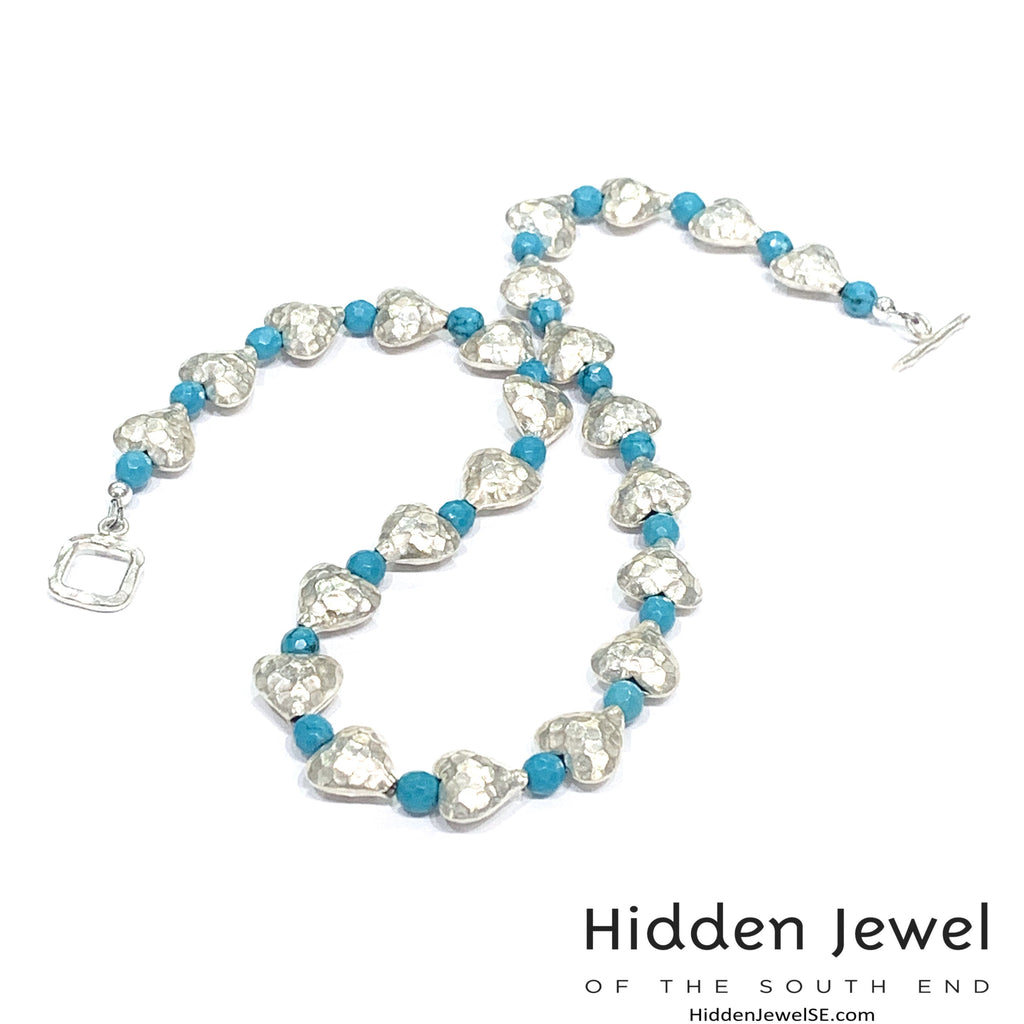 Genuine Hill Tribe Fine Silver hammered heart necklace with Turquoise gemstone beads
