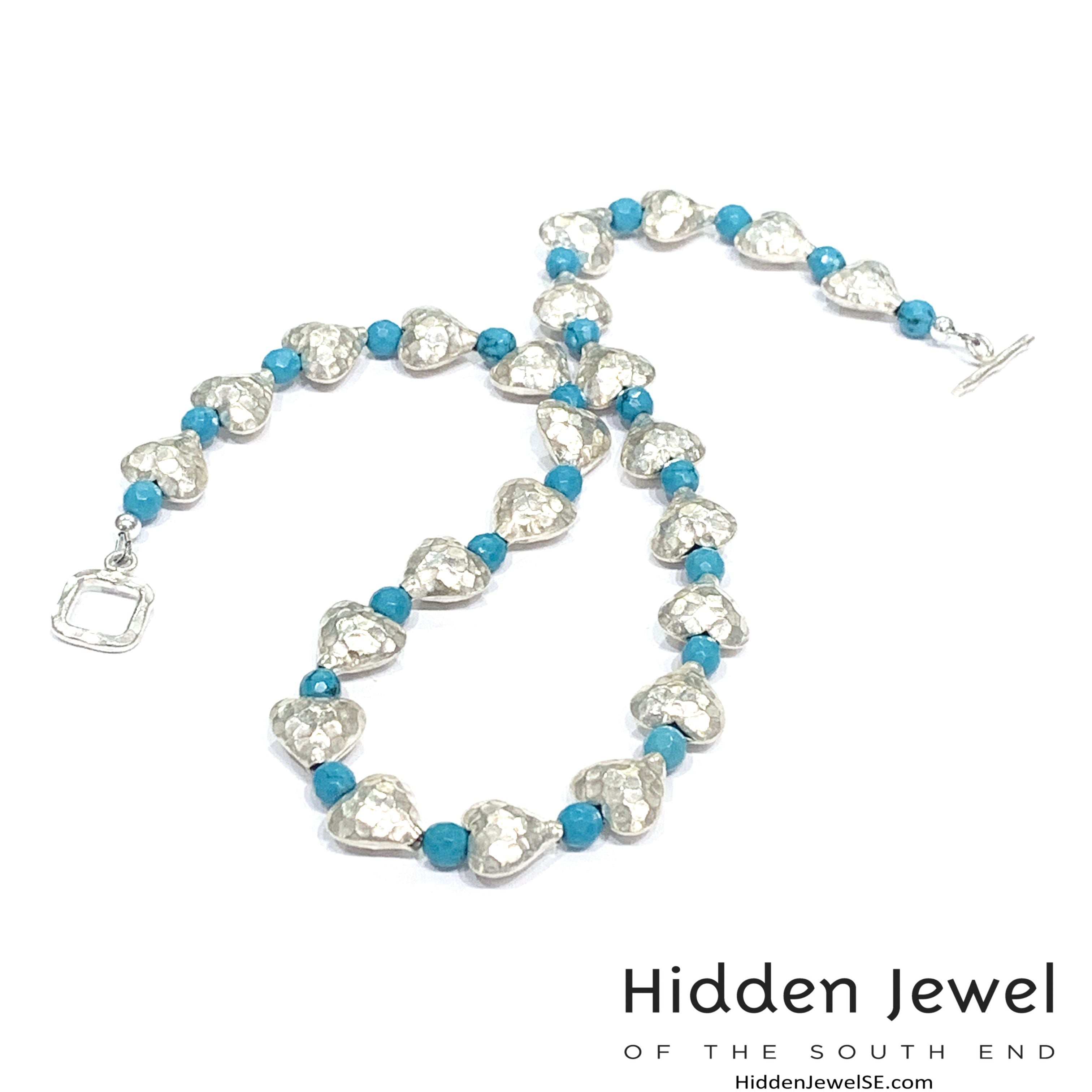 Genuine Hill Tribe Fine Silver hammered heart necklace with Turquoise gemstone beads