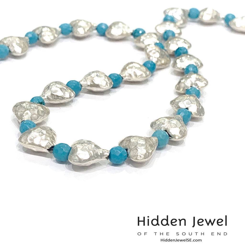 Genuine Hill Tribe Fine Silver hammered heart necklace with Turquoise gemstone beads