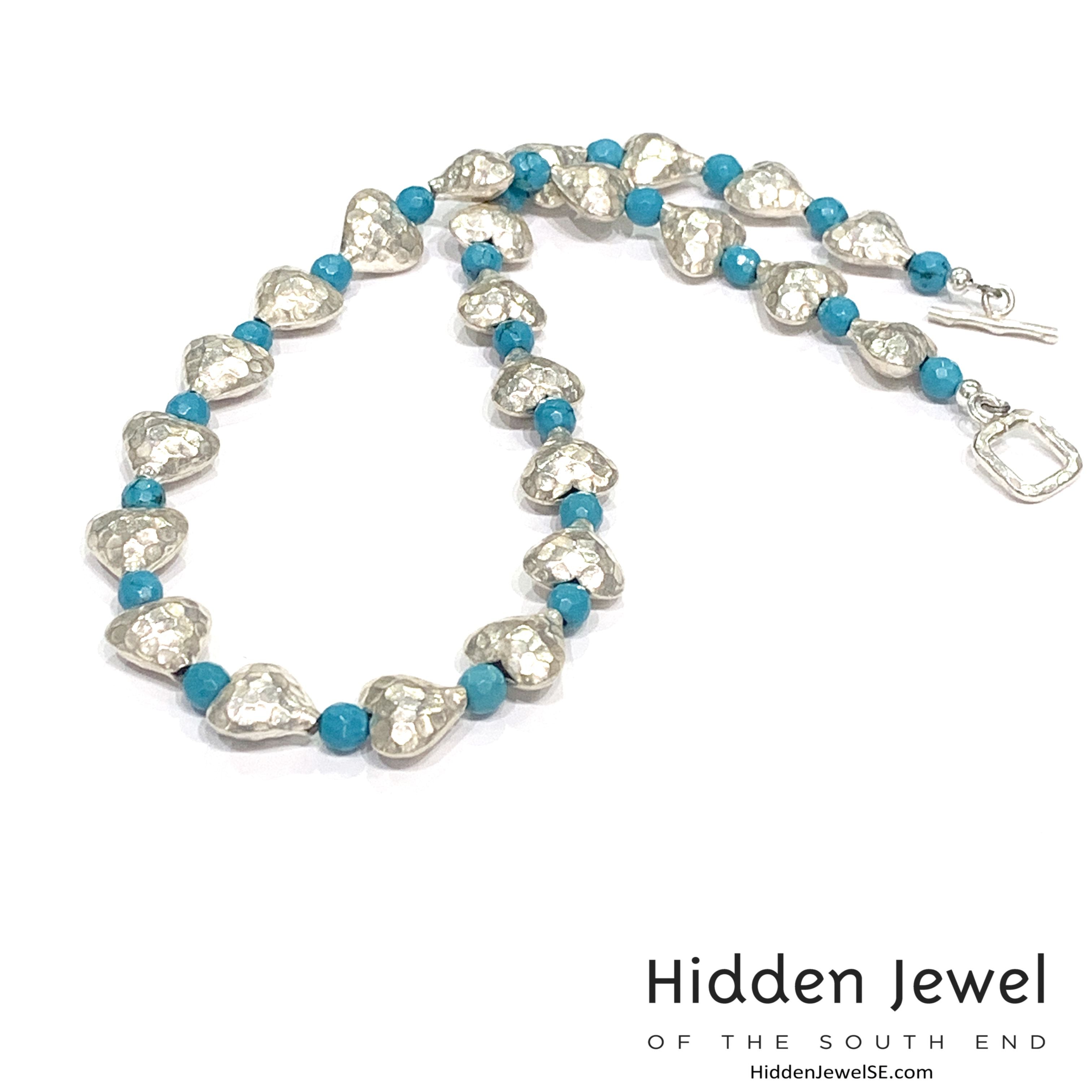 Genuine Hill Tribe Fine Silver hammered heart necklace with Turquoise gemstone beads