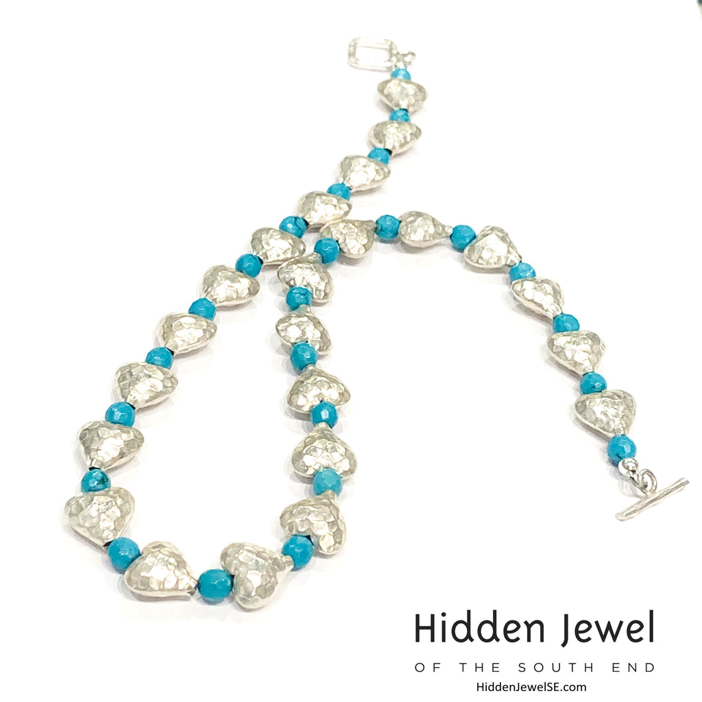 Genuine Hill Tribe Fine Silver hammered heart necklace with Turquoise gemstone beads