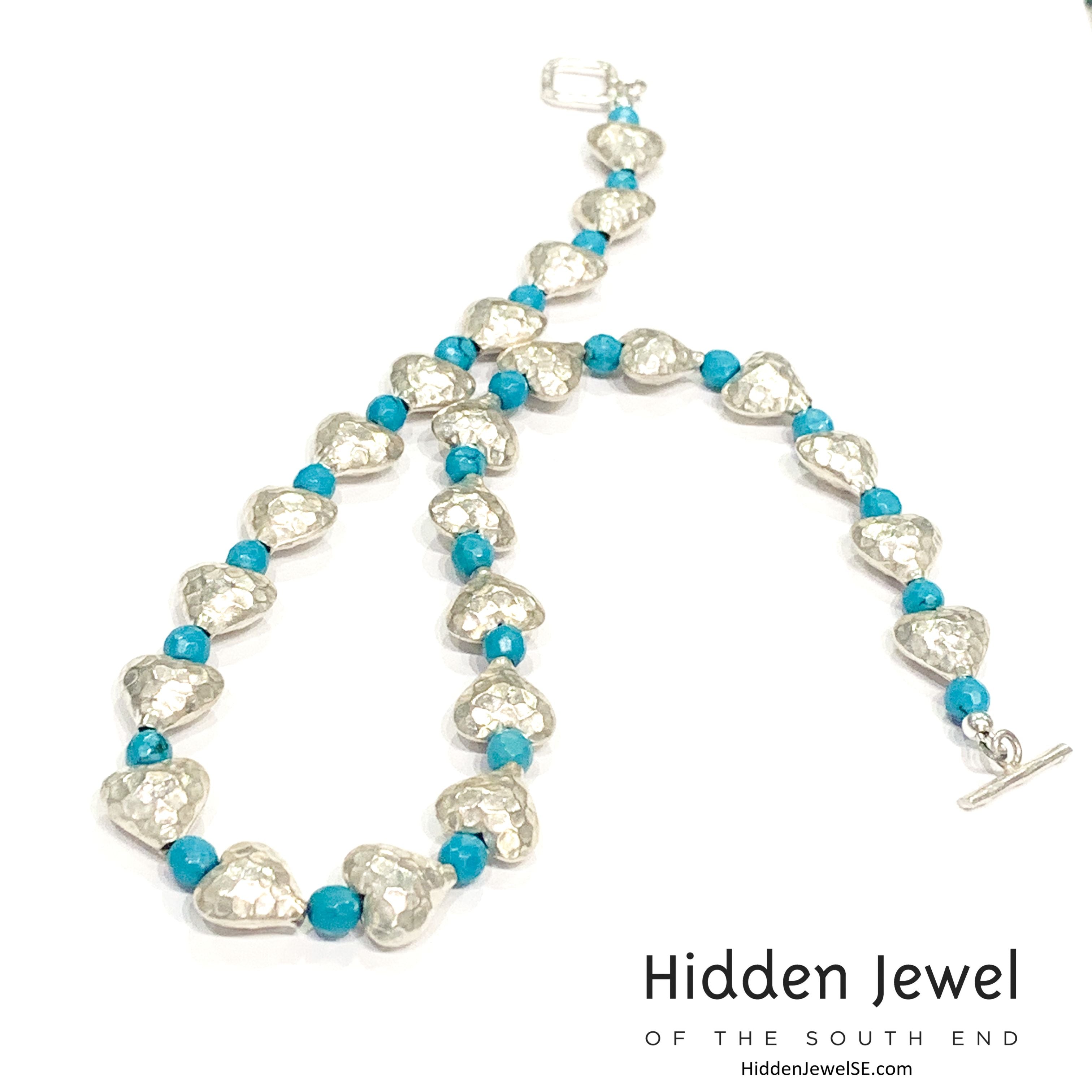 Genuine Hill Tribe Fine Silver hammered heart necklace with Turquoise gemstone beads